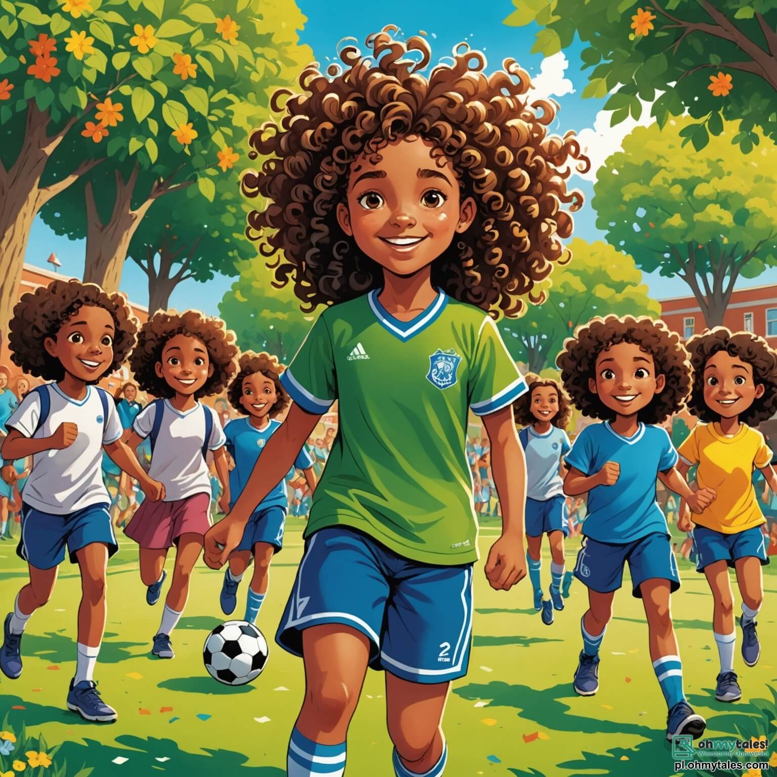 Une illustration destinée aux enfants représentant une fille de 10 ans, pleine de vie et d'énergie, aux cheveux bouclés et aux yeux pétillants, se tenant fièrement au milieu d'une cour d'école colorée, entourée de ses camarades, garçons et filles, qui s'affrontent joyeusement lors d'un match de football, tandis qu'un grand arbre aux feuilles vertes et éclatantes offre de l'ombre, et que des fleurs multicolores bordent le terrain, tandis qu'une enseignante bienveillante, une femme à la voix douce et encourageante, les observe avec un sourire, le tout dans un cadre ensoleillé où l'égalité des genres devient le fil conducteur d'une aventure collective et inspirante.