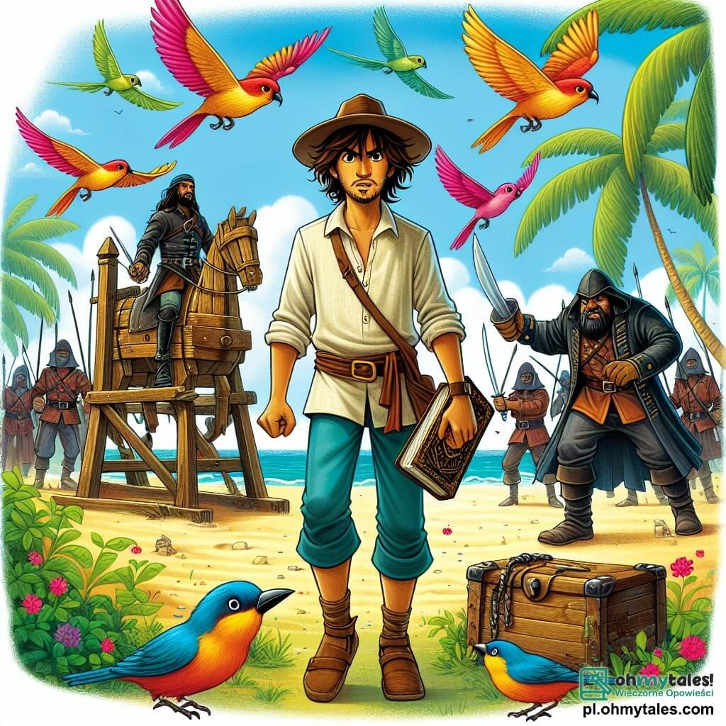 Une illustration sous forme de dessin destinée aux enfants représentant une scène vibrante sur une plage ensoleillée de l'île mystérieuse, où un jeune homme aux cheveux bruns en désordre, portant un chapeau de pirate et une chemise en lin, se tient avec détermination devant une vieille joute en bois, tandis qu'un groupe de petits oiseaux colorés vole autour de lui, et en arrière-plan, une bande de pirates aux visages hargneux, vêtus de vestes en cuir et brandissant des sabres, s'approche menaçante, alors qu'il tient un ancien journal à la main, prêt à défendre son trésor légendaire.