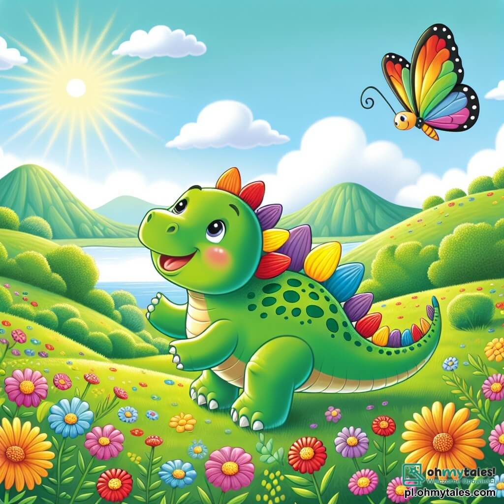 Une illustration sous forme de dessin destinée aux enfants représentant une magnifique vallée verdoyante baignée de lumière, avec un petit stégosaure à la peau verte et aux colliers colorés sur le dos, sautillant joyeusement parmi des fleurs éclatantes, tandis qu'un joli motyle aux ailes multicolores vole autour de lui, le tout capturant l'instant où ils découvrent ensemble la beauté d'un endroit secret et magique, rempli de rires et d'émerveillement.