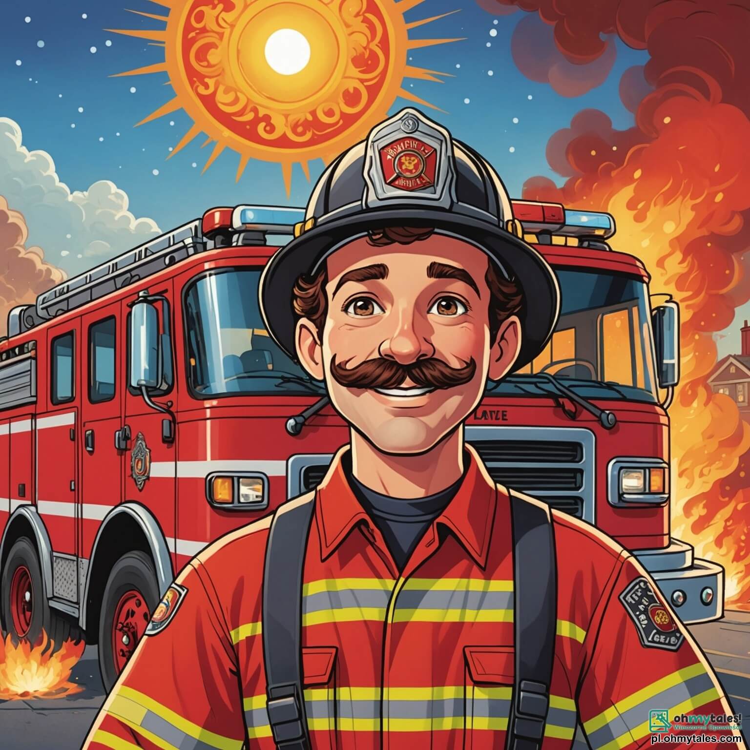 Une illustration destinée aux enfants représentant un pompier courageux, un homme au visage souriant et aux moustaches bien taillées, vêtu d'une combinaison rouge étincelante, se tenant fièrement devant un grand camion de pompiers brillant sous le soleil, avec des lumières clignotantes et une échelle qui s'élève vers le ciel, tandis qu'une petite fille aux cheveux bouclés et aux yeux pétillants, pleine d'admiration, l'observe avec émerveillement, et un garçon aux cheveux châtains et au sourire éclatant, qui rêve de devenir pompier comme lui, se tient à ses côtés dans un parc verdoyant, entouré d'arbres majestueux et de fleurs colorées, où les rires des enfants résonnent dans l'air, créant une atmosphère joyeuse et pleine d'aventures.