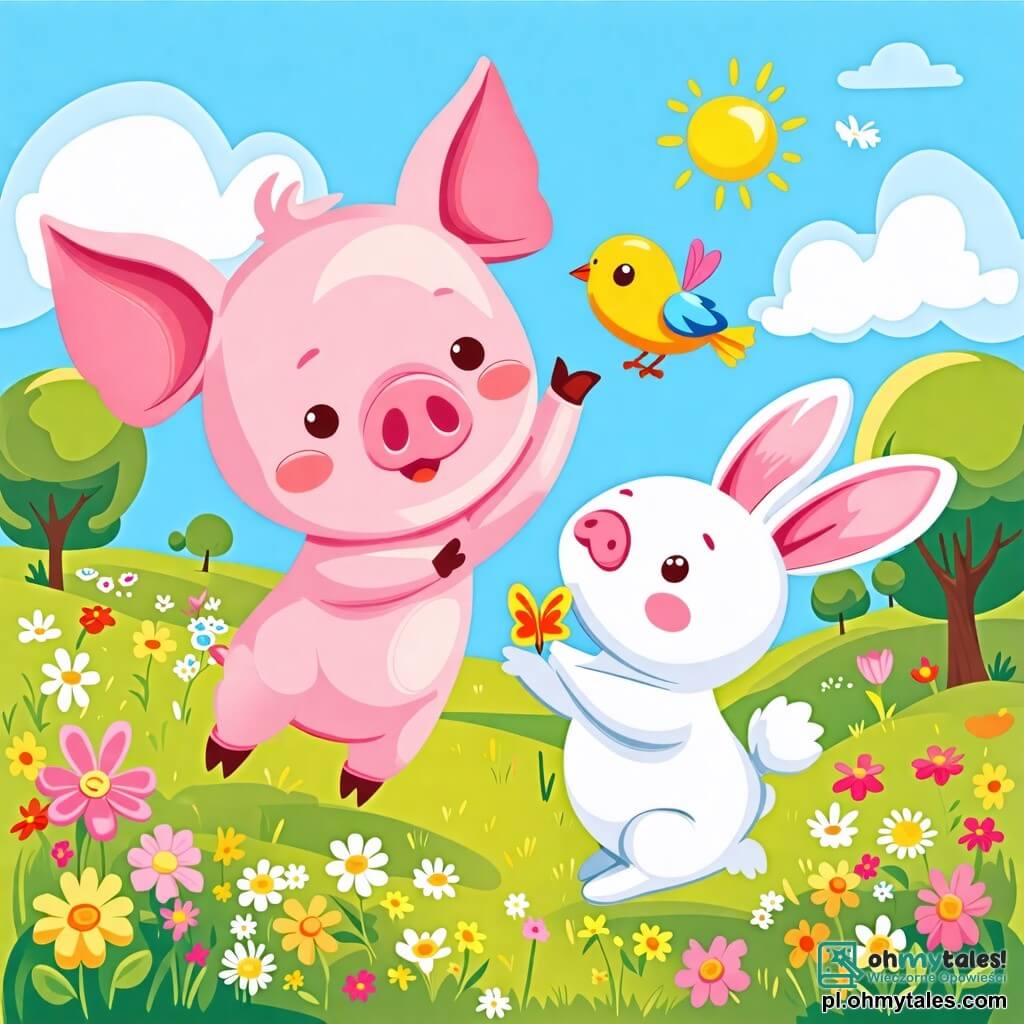 Une illustration sous forme de dessin destinée aux enfants représentant une charmante prairie ensoleillée, avec un petit cochon rose aux grandes oreilles, joyeusement en train de sauter et de jouer avec un mignon zajączek o furze i długich uszach, który trzyma w łapkach kolorowy ptaszek, podczas gdy wokół nich kwitną kolorowe kwiaty, a w tle widać błękitne niebo i kilka drzew, symbolizujących radość i przyjaźń w ich wspólnej zabawie.