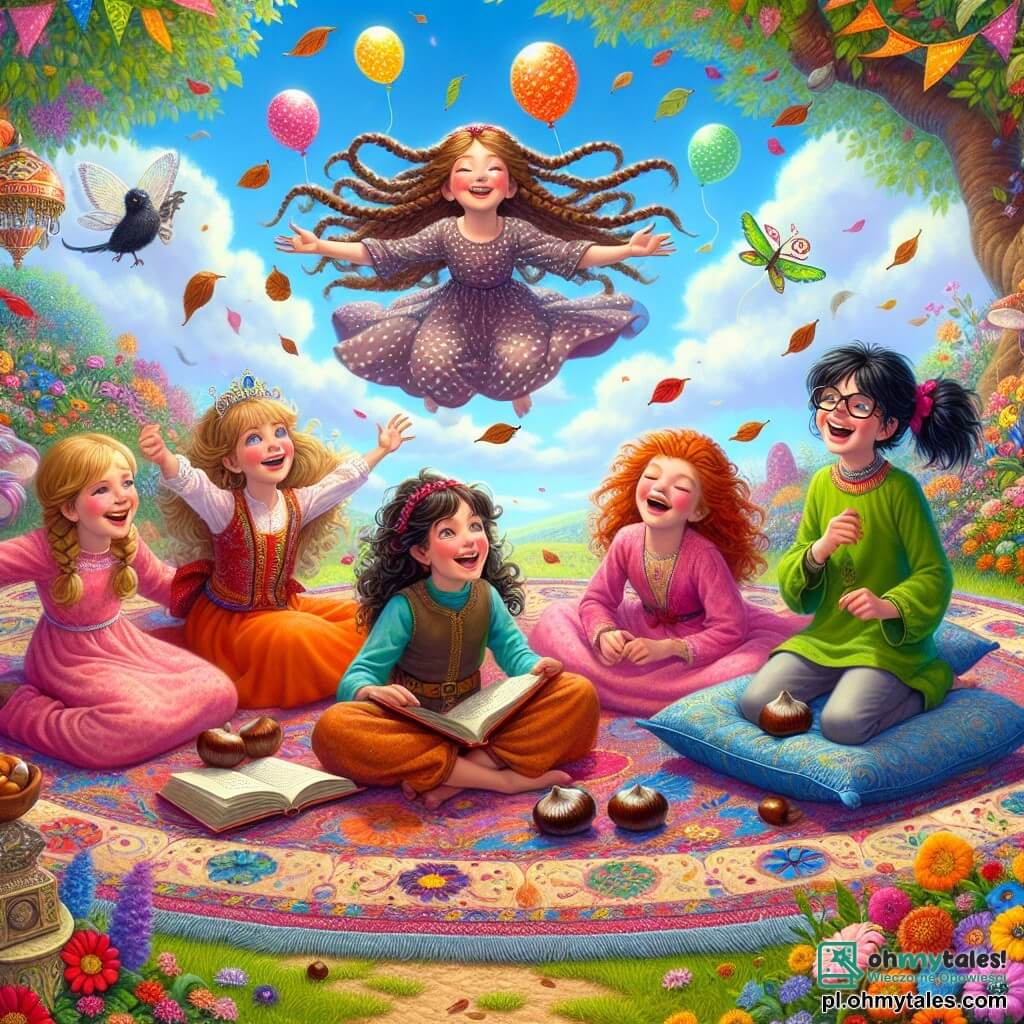 Ilustracja przedstawiająca magiczną scenę w kolorowym ogrodzie, wypełnionym jaskrawymi kwiatami i drzewami z tańczącymi liśćmi pod błękitnym niebem. W centrum cztery dziewczynki, w wieku około 8 lat, zgromadziły się wokół dużego, kolorowego dywanu, ich twarze promienieją radością i ekscytacją. Jedna z nich, z długimi, warkoczami brązowymi włosami, ma na sobie sukienkę w kropki i uśmiecha się, trzymając dużą kasztan. Inna, z kręconymi blond włosami, jest ubrana w różową tunikę i gestykuluje, udając lot. Trzecia, z rudymi włosami związanymi w kucyk, nosi zieloną koszulkę i głośno się śmieje, podczas gdy ostatnia, z czarnymi włosami i okularami, siedzi w pozycji skrzyżowanej, otoczona kolorowymi poduszkami, trzymając książkę z bajkami. Główna sytuacja pokazuje dziewczynki, które wyobrażają sobie lot na magicznym dywanie, śmiejąc się i tańcząc, podczas gdy lekki wiatr lekko unosi rogi dywanu. Wokół nich unoszą się kolorowe balony, dodając scenie odrobinę fantazji. W tle mieni się tęcza, obiecując jeszcze wspanialsze przygody.