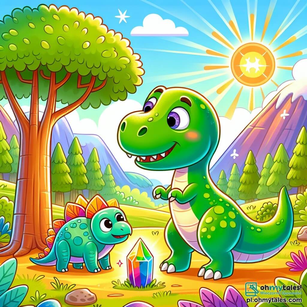 Une illustration sous forme de dessin destinée aux enfants représentant une vallée verdoyante baignée de lumière, avec un jeune Tyrannosaure Rex au pelage vert vif et aux yeux pétillants de curiosité, qui explore joyeusement le paysage, accompagné d'un petit stégosaure aux plaques dorsales colorées, tous deux découvrant un éclat mystérieux émanant d'un coloré cristal scintillant au pied d'un grand arbre, symbolisant leur quête d'amitié et d'aventure dans un monde préhistorique fascinant.