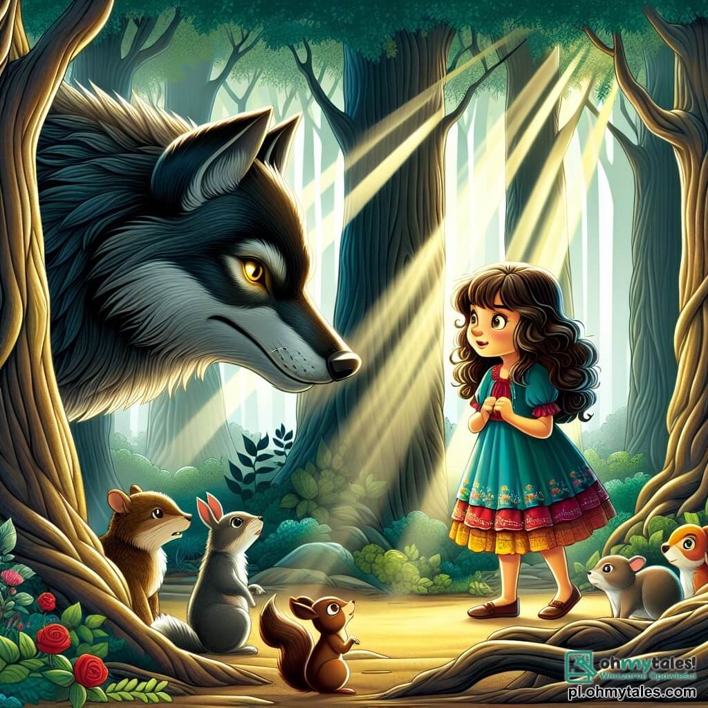 Une illustration sous forme de dessin destinée aux enfants représentant une forêt dense et mystérieuse, avec des arbres hauts aux troncs noueux et des rayons de soleil filtrant à travers le feuillage, où une fille de 9 ans aux cheveux bruns ondulés et aux yeux pétillants, vêtue d'une robe colorée, se tient courageusement face à un grand méchant loup au pelage sombre et aux yeux brillants, qui semble intrigué par elle, tandis qu'un groupe de petits animaux, comme un écureuil et un lapin, observe la scène avec curiosité et inquiétude, illustrant le moment où la jeune fille tente de convaincre le loup de sa gentillesse et de sa volonté d'amitié.