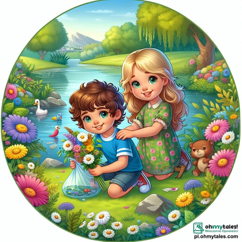 Une illustration sous forme de dessin destinée aux enfants représentant un petit stang entouré de fleurs colorées et de verdure luxuriante, où un garçon de 9 ans aux cheveux bouclés et aux yeux pétillants, vêtu d'un t-shirt bleu et de shorts, est assis au bord de l'eau, tenant un bouquet de fleurs sauvages qu'il vient de cueillir, tandis qu'à ses côtés, une fille aux longs cheveux blonds et à la robe colorée, souriante, l'aide à ramasser des déchets pour nettoyer le stang, illustrant leur engagement à protéger la nature et à profiter des merveilles du printemps.