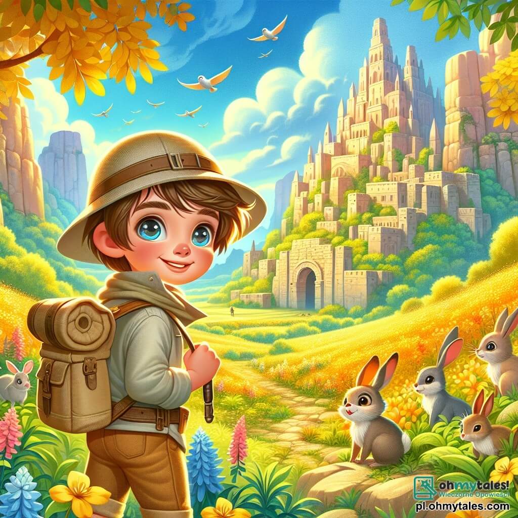 Une illustration sous forme de dessin destinée aux enfants représentant une vaste et colorée vallée remplie de fleurs dorées sous un ciel bleu éclatant, où un jeune garçon aux cheveux bruns et aux yeux pétillants, vêtu d'un chapeau d'explorateur et d'une veste en toile, se tient émerveillé devant un ancien château en ruines, tandis qu'un groupe de petits animaux curieux, comme des lapins et des oiseaux, l'observe avec intérêt, capturant l'instant où il découvre le chemin vers un trésor caché, symbolisant l'esprit d'aventure et la magie de l'exploration.
