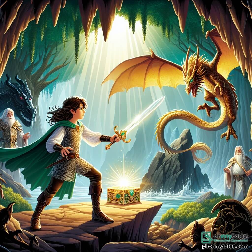 Une illustration sous forme de dessin destinée aux enfants représentant une scène épique dans une forêt enchantée, où un jeune homme aux longs cheveux châtain et aux yeux verts, vêtu d'une armure scintillante et brandissant un épée magique, se tient courageusement devant une immense jaskinia, tandis qu'un dragon majestueux aux écailles dorées et aux yeux perçants veille sur un trésor scintillant, et des ombres menaçantes se dessinent dans le fond, symbolisant les forces obscures qu'il doit affronter pour sauver son royaume.