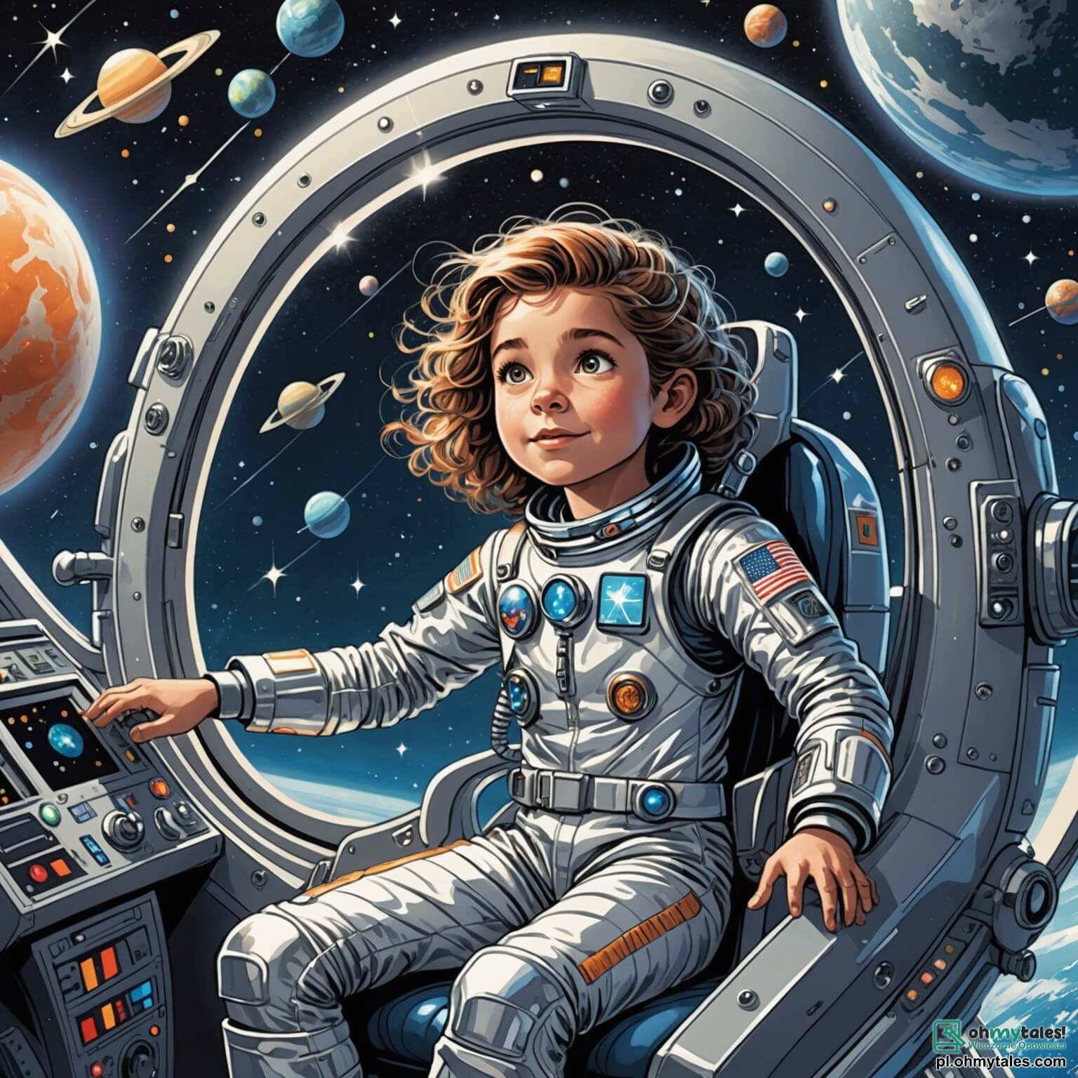 Une illustration destinée aux enfants représentant une courageuse astronaute aux cheveux flottants comme des étoiles filantes, vêtue d'une combinaison spatiale étincelante, qui se tient dans le cockpit d'une majestueuse fusée argentée, entourée de boutons lumineux et d'écrans scintillants, alors qu'elle se prépare à décoller vers l'infini de l'espace, avec à ses côtés un jeune garçon aux yeux pétillants d'excitation, qui rêve de découvrir les mystères des planètes et des galaxies, le tout se déroulant dans un vaste hangar rempli de maquettes de vaisseaux spatiaux, de posters de constellations et de modèles de systèmes solaires, où l'odeur de l'huile et du métal se mêle à l'enthousiasme palpable des futurs explorateurs.