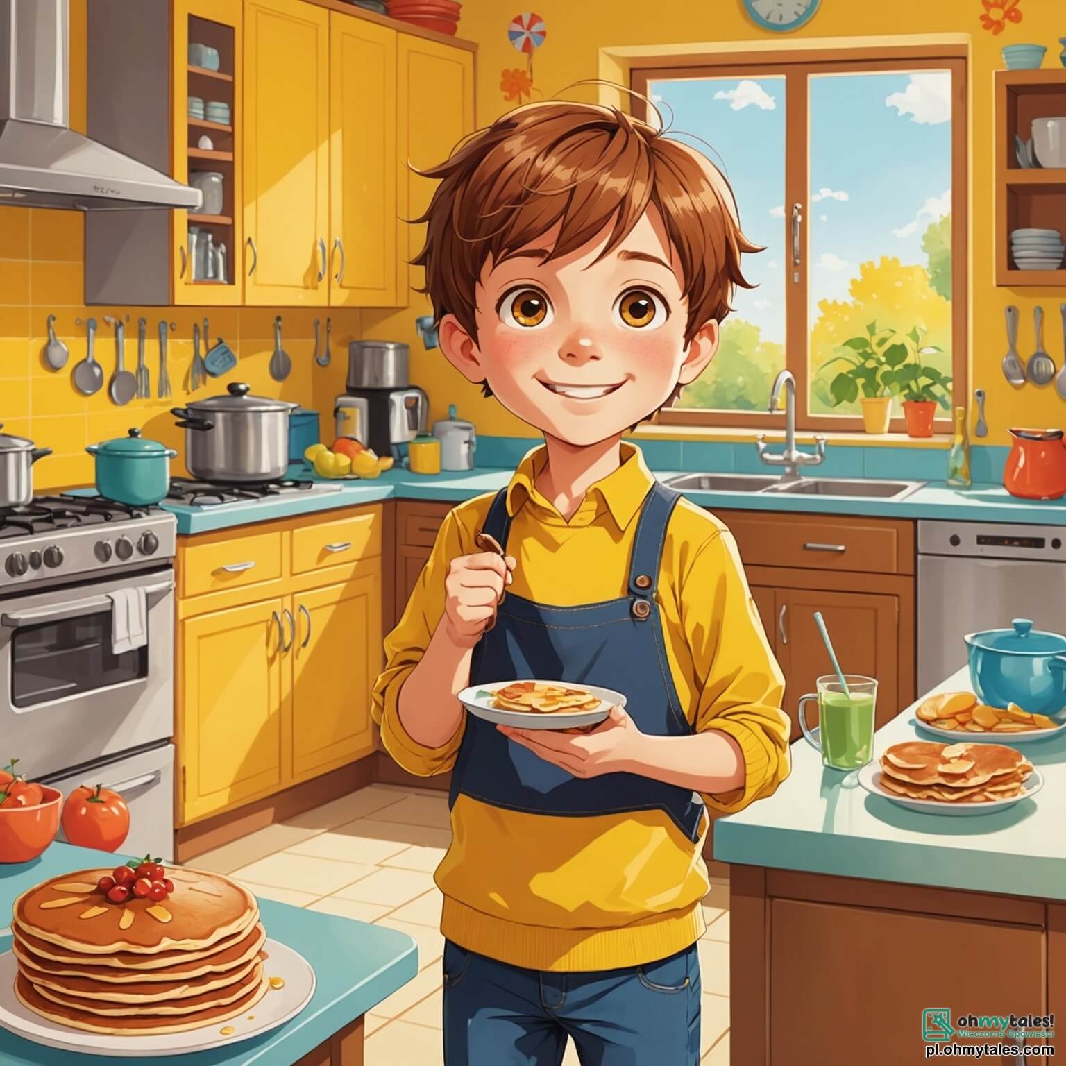 Une illustration destinée aux enfants représentant un petit garçon aux cheveux châtains et aux yeux pétillants de malice, se tenant dans une cuisine lumineuse aux murs jaunes ornés de dessins colorés, où l'odeur délicieuse de pancakes fraîchement cuits flotte dans l'air, alors qu'il planifie avec enthousiasme une surprise pour sa maman, une femme douce au sourire chaleureux, qui prépare le petit-déjeuner, tandis que son meilleur ami, un garçon aux lunettes rondes et aux taches de rousseur, l'aide à choisir des cœurs en chocolat et du papier coloré pour créer un cadeau inoubliable à l'occasion de la fête des mères.