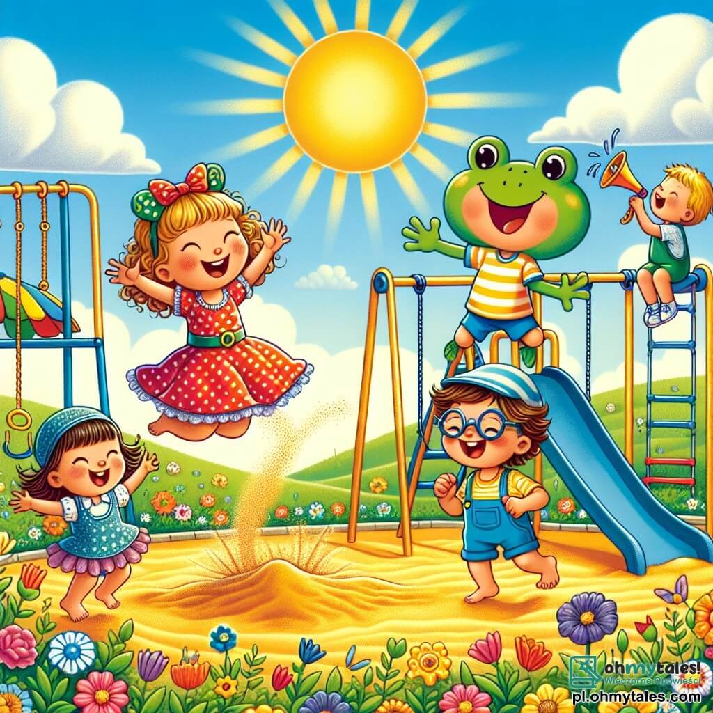 Ilustracja przedstawiająca radosny, słoneczny plac zabaw z kolorowymi huśtawkami, spiralnym zjeżdżalnią i dużą piaskownicą. W centrum bawi się czwórka dzieci: dziewczynka w wieku około 6 lat z kręconymi włosami i czerwoną sukienką w kropki, skacząca radośnie w piasku; chłopiec w wieku 7 lat w niebieskiej czapce i w paskowanym t-shircie, wspinający się na konstrukcję zabawową; inna dziewczynka w wieku 6 lat przebrana za żabę z zielonymi uszami, skacząca i naśladująca kumkanie; oraz chłopiec w wieku 7 lat w okularach z megafonem, który śmieje się, zachęcając przyjaciół do skakania wyżej. Scena pełna jest śmiechu i radości, z puszystymi chmurami na niebieskim niebie i kolorowymi kwiatami wokół placu zabaw, tworząc atmosferę przyjaźni i wspólnego szczęścia.