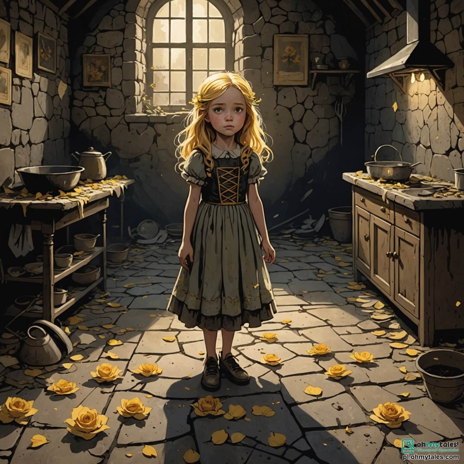 Une illustration destinée aux enfants représentant une jeune fille au cœur pur, aux cheveux dorés comme les rayons du soleil, vêtue d'une robe en lambeaux qui évoque les pétales d'une rose fanée, se tenant au milieu d'une cuisine poussiéreuse et sombre, où les murs en pierre sont couverts de toiles d'araignées et où le sol est jonché de cendres, tandis qu'à l'arrière-plan, sa méchante belle-mère, une femme au visage sévère et aux yeux froids, ainsi que ses deux sœurs jalouses, aux rires aigus et aux robes flamboyantes, se moquent d'elle, alors qu'elle rêve d'échapper à cette vie de servitude pour rejoindre un bal scintillant dans un château majestueux, illuminé par des lanternes dorées et entouré de jardins luxuriants, où l'amour et la magie semblent flotter dans l'air.