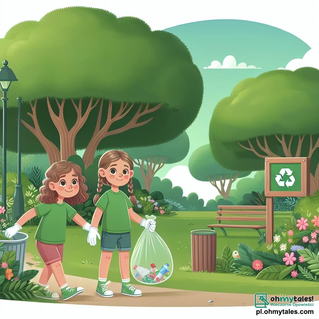 Une illustration sous forme de dessin destinée aux enfants représentant un parc verdoyant, avec des arbres majestueux et des fleurs colorées, où une fille de 11 ans aux cheveux bruns et bouclés, portant un t-shirt vert et un short, ramasse des déchets dans un grand sac en plastique, tandis qu'une autre fille de son âge, aux cheveux blonds et tressés, l'aide en tenant une pancarte avec un message sur la protection de l'environnement ; l'atmosphère est joyeuse et engagée, illustrant leur détermination à lutter contre le changement climatique et à sensibiliser les autres à l'importance de préserver la nature.