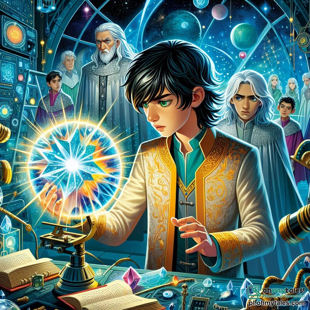 Une illustration sous forme de dessin destinée aux enfants représentant une scène vibrante sur la planète Luminara, où un garçon de 11 ans aux longs cheveux noirs et aux yeux verts brillants, concentré et déterminé, manipule un cristal magique dans son laboratoire rempli d'appareils technologiques et de livres anciens, tandis qu'un groupe de membres du Zakon Intergalaktyczny, vêtus de robes scintillantes et aux cheveux argentés, l'observe avec admiration, alors qu'une lumière éclatante émerge du cristal, symbolisant le début de son aventure pour sauver la galaxie.