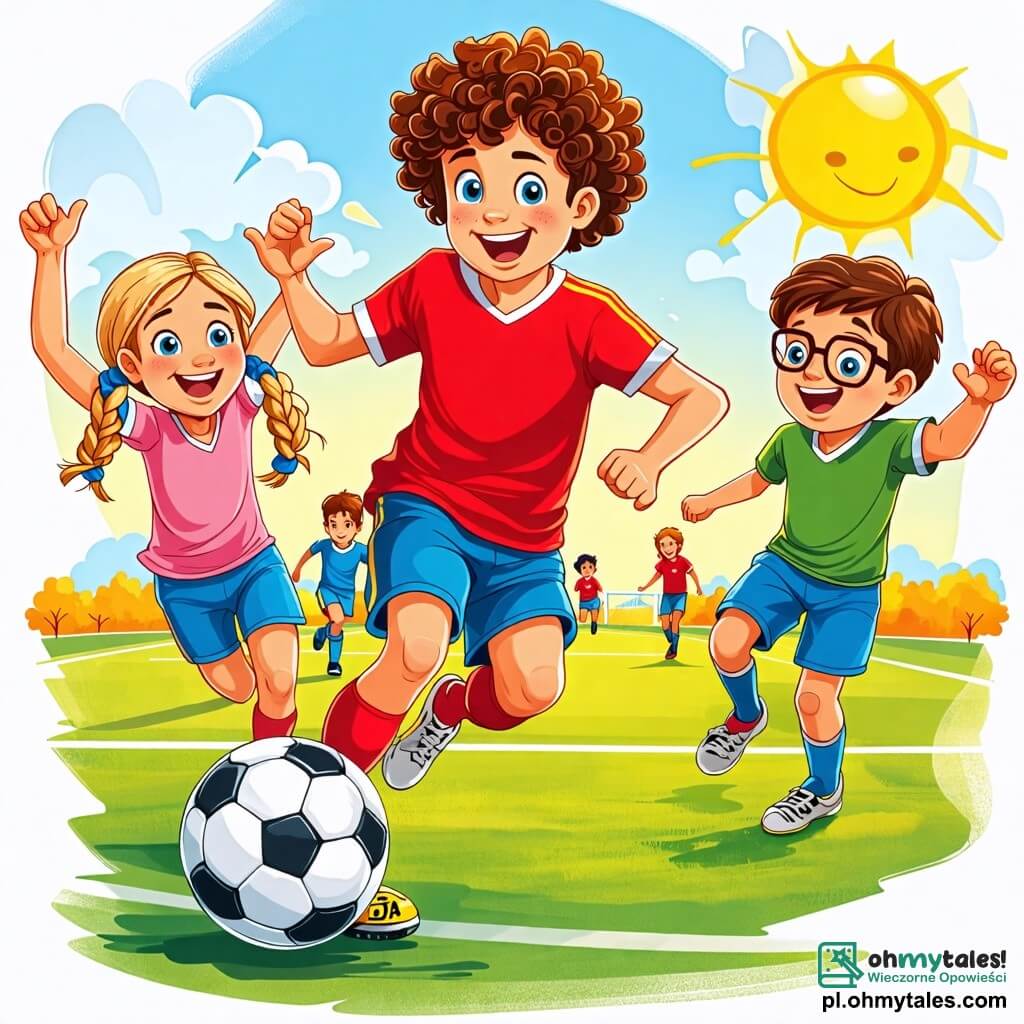 Une illustration sous forme de dessin destinée aux enfants représentant un terrain de sport ensoleillé, avec un garçon de 8 ans aux cheveux bruns et bouclés, portant un maillot de football rouge et des shorts bleus, en train de dribbler une balle de foot avec un grand sourire sur le visage ; à ses côtés, deux amis, une fille aux cheveux blonds tressés portant un t-shirt rose et un garçon aux lunettes et cheveux châtains en t-shirt vert, qui l'encouragent en levant les bras, tandis qu'en arrière-plan, d'autres enfants jouent et rient, créant une atmosphère joyeuse et dynamique de camaraderie et de compétition amicale.