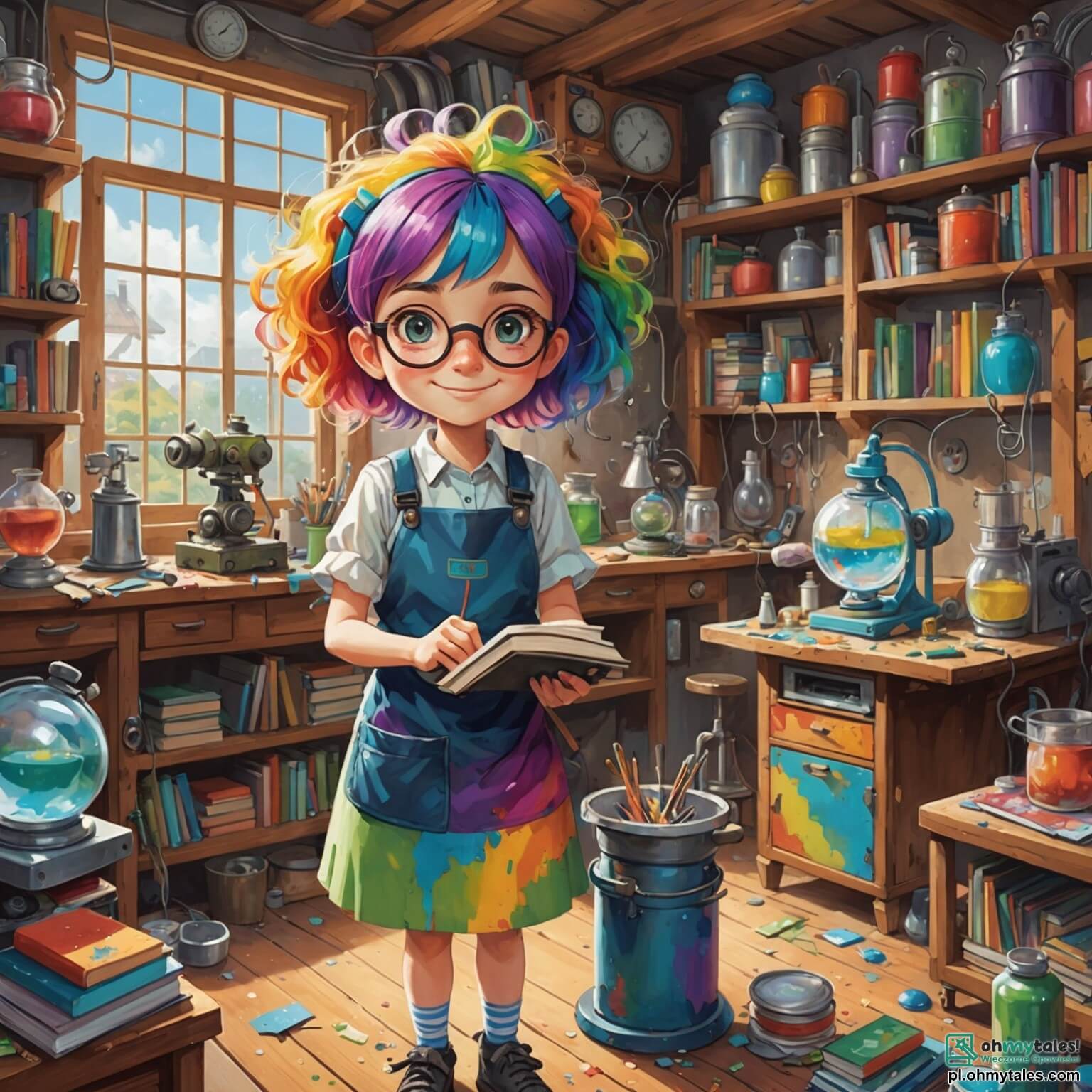 Une illustration destinée aux enfants représentant une femme aux cheveux en désordre et colorés comme un arc-en-ciel, vêtue d'un grand tablier taché de peinture et d'huile, se tenant dans son laboratoire farfelu rempli de machines bourdonnantes, de gadgets étranges et de piles de livres poussiéreux, alors qu'elle s'apprête à créer une invention incroyable pour apporter des sourires à ses amis, un garçon curieux aux lunettes rondes et une fille pétillante avec des nattes, tous deux impatients de découvrir les surprises que leur inventrice excentrique a concoctées dans cette pièce lumineuse aux murs couverts de dessins animés et de schémas colorés.