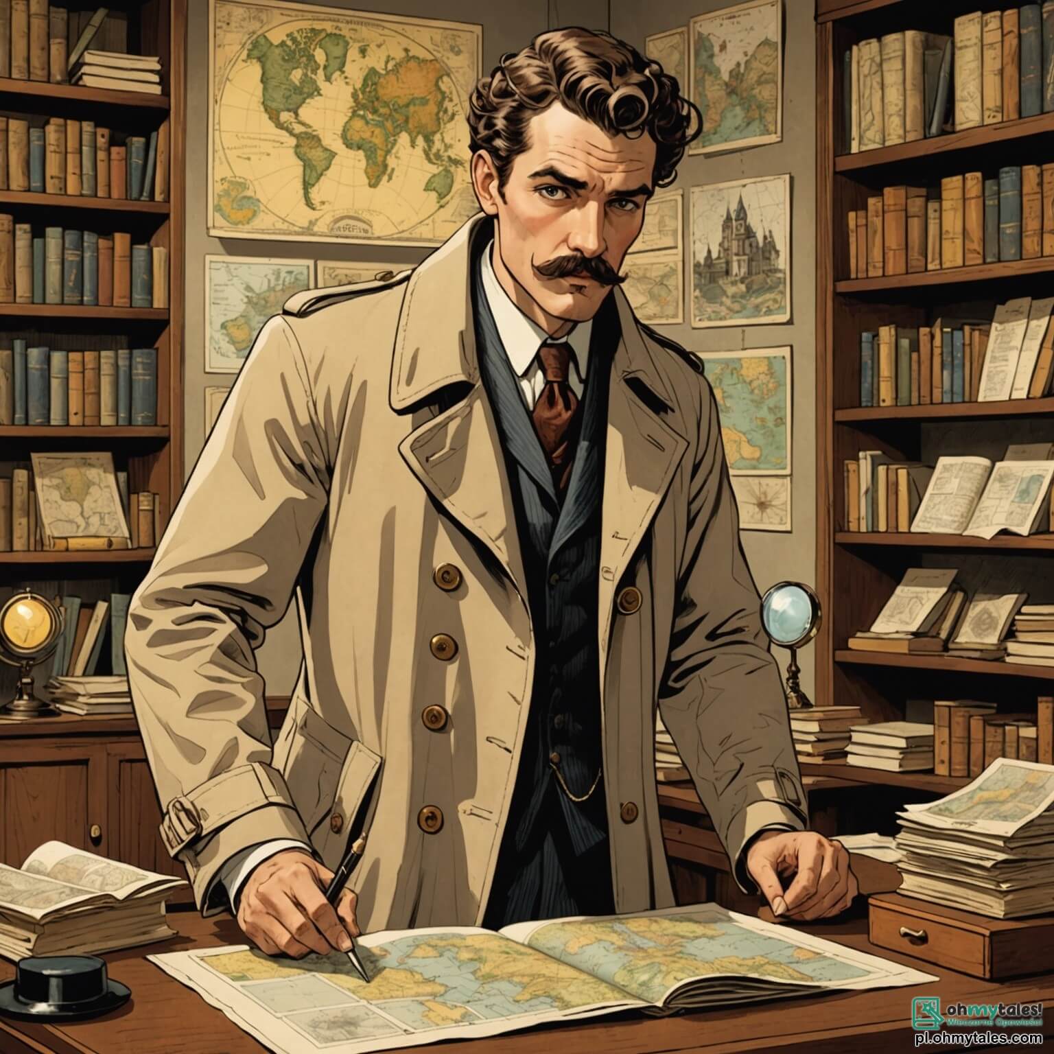 Une illustration destinée aux enfants représentant un homme au regard perçant et à la moustache soignée, vêtu d'un élégant trench-coat beige, se tenant dans son bureau aux murs tapissés de cartes anciennes et de photos jaunies, où trônent des objets mystérieux comme une loupe en bois et un chapeau haut de forme, tandis qu'il écoute attentivement une jeune fille aux cheveux bouclés et aux yeux pétillants, qui, avec une détermination palpable, lui raconte comment son précieux chat a disparu dans les ruelles sinueuses et colorées de leur petit village, où les maisons aux volets peints et aux jardins fleuris cachent des secrets insoupçonnés.