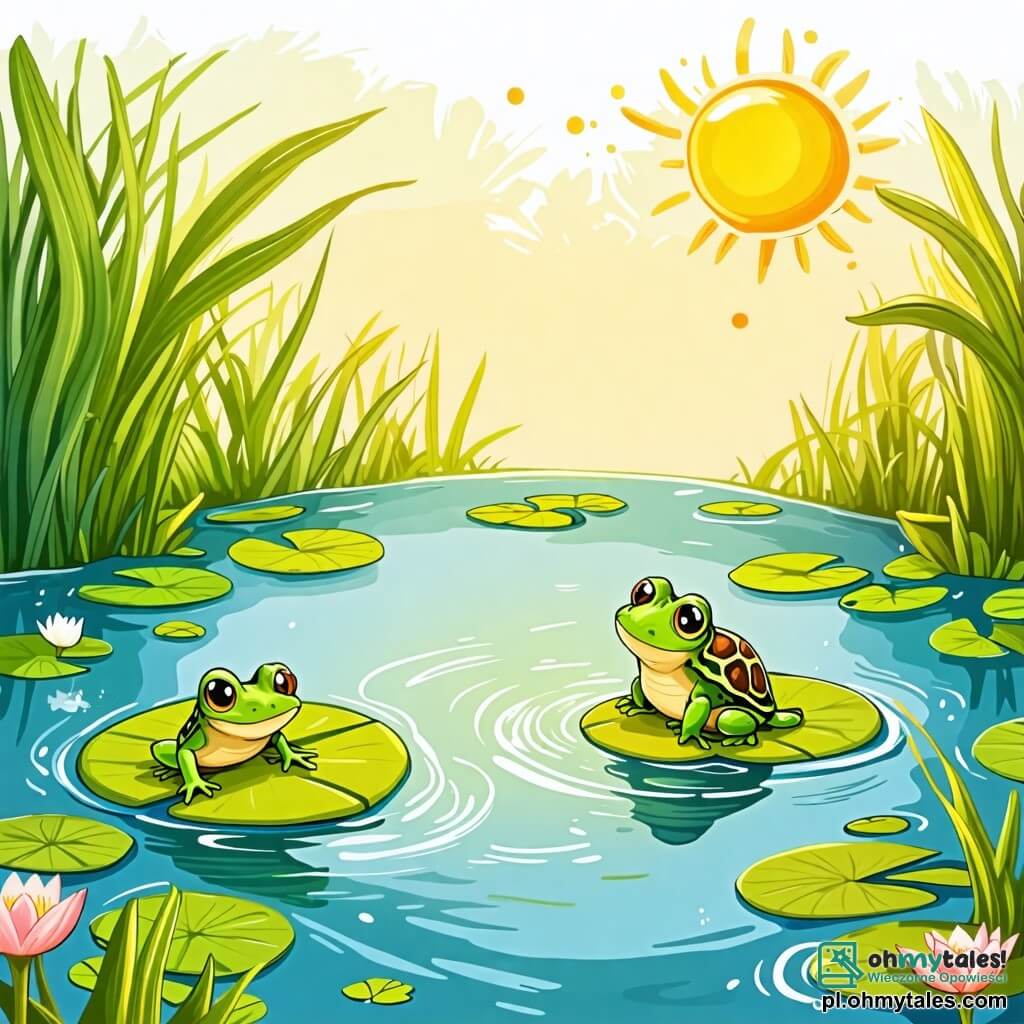 Une illustration sous forme de dessin destinée aux enfants représentant un petit étang verdoyant entouré de nénuphars, avec une grenouille joyeuse aux yeux ronds et brillants, sautant de feuille en feuille, tandis qu'un petit tortue à la carapace rayée émerge de l'eau, riant et éclaboussant autour de lui, alors qu'ils s'amusent à faire une course de sauts et de plongeons sous le soleil éclatant.