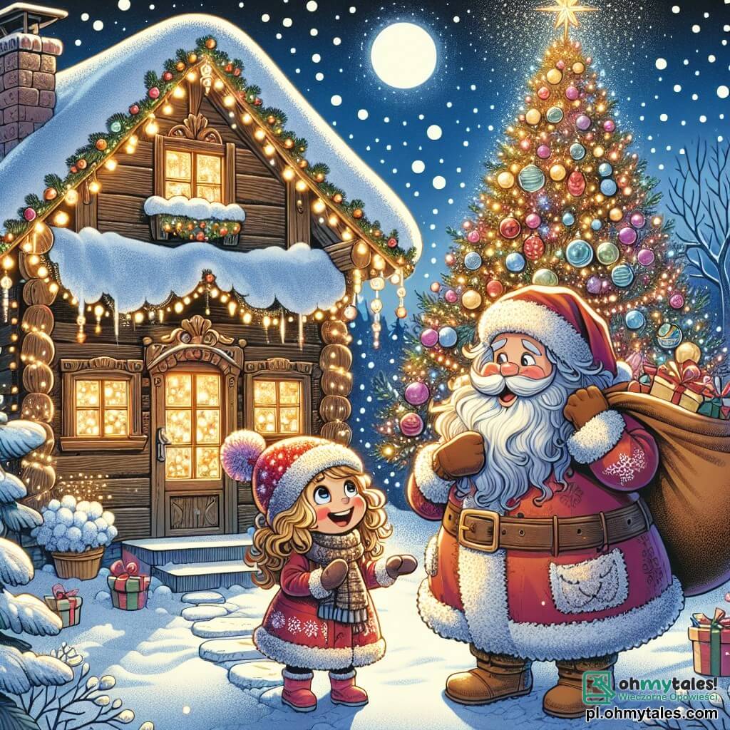 Une illustration sous forme de dessin destinée aux enfants représentant une charmante maison en bois décorée de lumières scintillantes et entourée de neige, avec une petite fille de 5 ans aux cheveux blonds et bouclés, portant un manteau rouge et une écharpe en laine, qui s'émerveille devant un grand sapin de Noël illuminé, tandis qu'un joyeux homme barbu en costume rouge, le sourire aux lèvres, tient un sac rempli de cadeaux, créant une atmosphère magique de Noël pleine de joie et d'émerveillement.