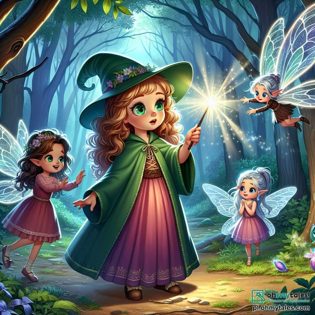 Une illustration sous forme de dessin destinée aux enfants représentant une clairière enchantée au cœur d'une forêt magique, où une jeune apprentie sorcière aux longs cheveux bouclés et aux yeux émeraude, vêtue d'une robe colorée, utilise sa baguette pour faire briller une lumière éclatante, tandis qu'à ses côtés, une petite fée aux ailes translucides et une elfette aux cheveux argentés, toutes deux avec des expressions d'émerveillement, l'encouragent dans sa quête pour retrouver une baguette magique volée par une ombre menaçante, le tout baigné dans une atmosphère de mystère et de camaraderie.