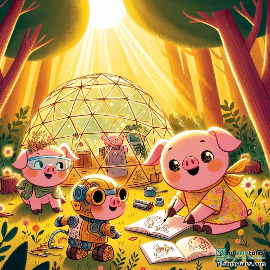 Une illustration sous forme de dessin destinée aux enfants représentant une clairière enchantée, baignée de lumière dorée, où une petite cochonne aux poils roses et aux yeux pétillants, vêtue d'une robe colorée, est en train de construire un éco-dome fait de feuilles et de branches, tandis qu'à ses côtés, son frère, un petit cochon aux poils bruns et aux lunettes de protection, assemble un robot brillant, et leur sœur, une petite cochonne aux poils blancs et à la robe à fleurs, dessine des croquis de mode sur un carnet, tous unis dans un esprit de collaboration et de créativité pour réaliser leurs rêves.