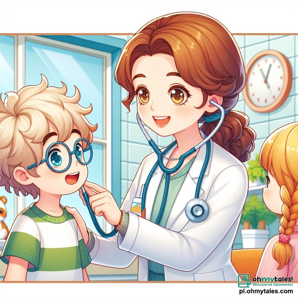Une illustration sous forme de dessin destinée aux enfants représentant un cabinet médical coloré et accueillant, où une femme médecin aux cheveux bruns et bouclés, portant une blouse blanche et un stéthoscope autour du cou, examine attentivement un petit garçon aux lunettes et aux cheveux blonds, qui sourit avec un air curieux, tandis qu'une petite fille aux cheveux blonds et en tresses, debout à côté, observe avec émerveillement, le tout dans une ambiance joyeuse et rassurante, illustrant l'importance de la santé et de l'aide médicale.