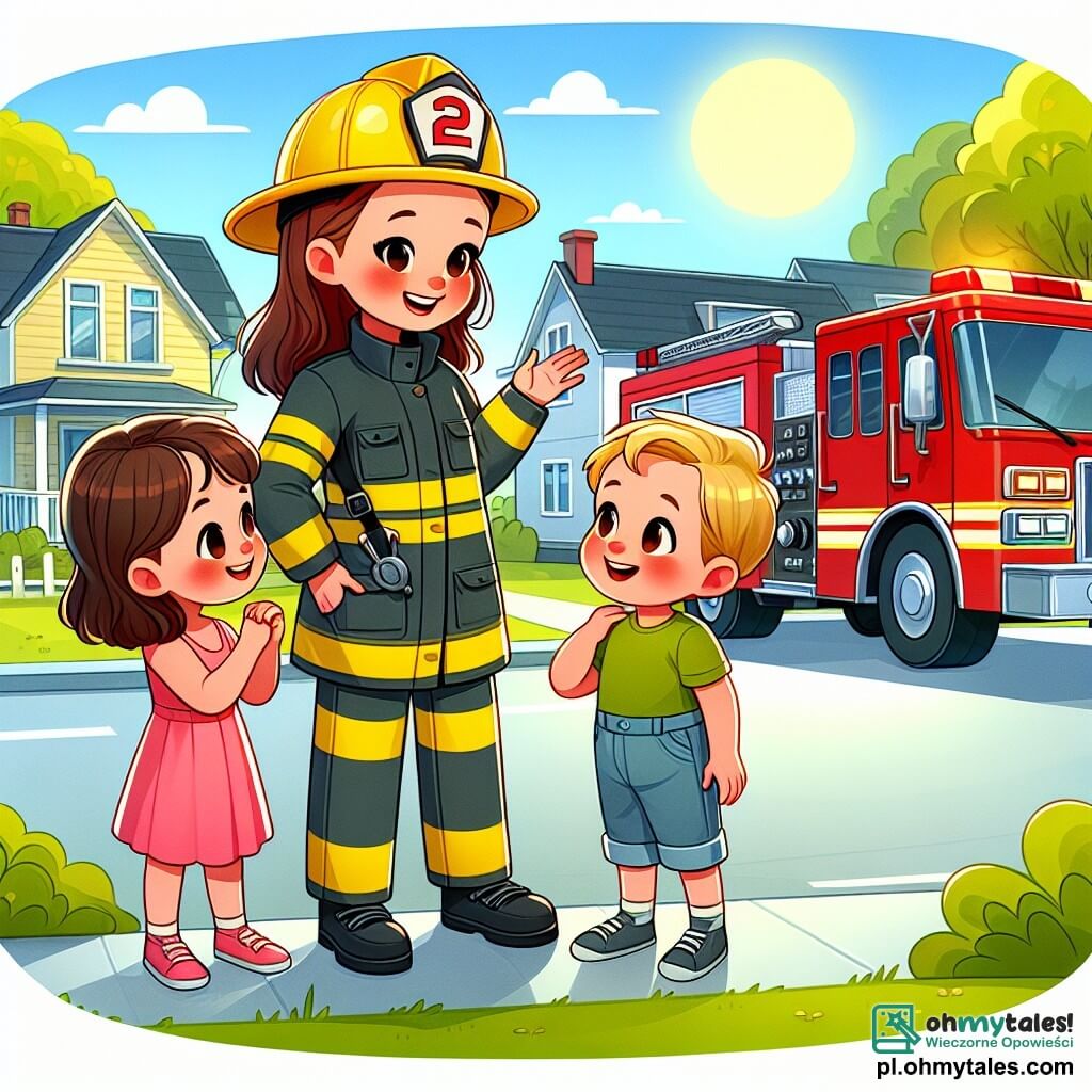 Une illustration sous forme de dessin destinée aux enfants représentant une scène animée dans un quartier résidentiel ensoleillé, avec une femme pompière en uniforme jaune vif et casque, souriante et prête à aider, entourée de deux enfants, une fille aux cheveux bruns et un garçon aux cheveux blonds, tous deux regardant avec admiration le camion de pompiers rouge brillant, alors qu'ils apprennent l'importance de l'entraide et de la sécurité face à un incident de feu dans le voisinage.