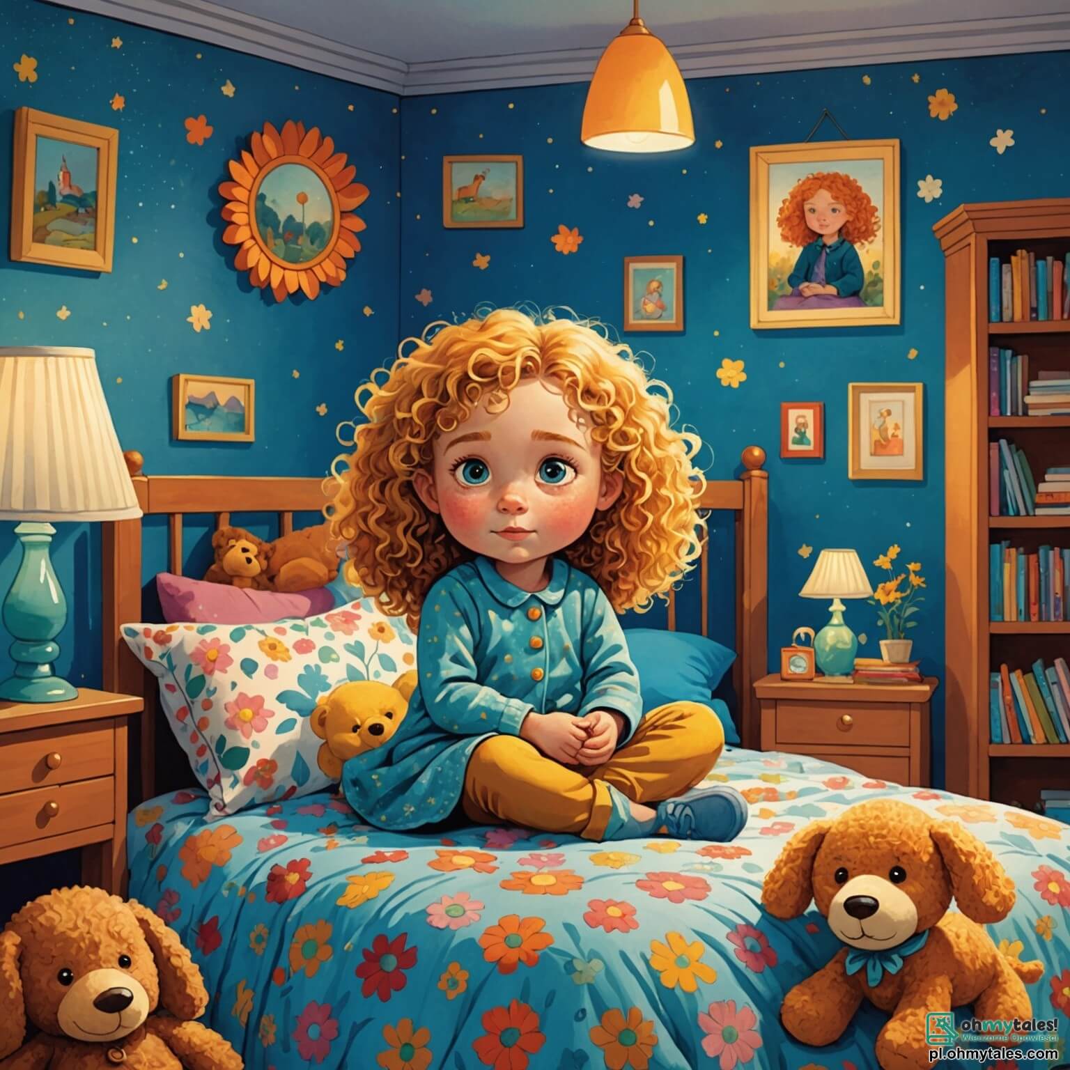 Une illustration destinée aux enfants représentant une petite fille aux cheveux bouclés et dorés, aux yeux pétillants de curiosité, assise sur son lit aux draps colorés ornés de fleurs, dans une chambre chaleureuse aux murs peints en bleu ciel, où des peluches de toutes sortes l'entourent, tandis qu'elle se trouve confrontée à sa peur du noir lorsque la nuit tombe et que les ombres dansent sur les murs, avec sa douce maman, une femme aux bras réconfortants et au sourire apaisant, qui l'encourage à explorer la magie de la nuit dans leur jardin rempli de fleurs parfumées et d'arbres majestueux, où les étoiles scintillent comme des diamants dans un ciel profond et mystérieux.