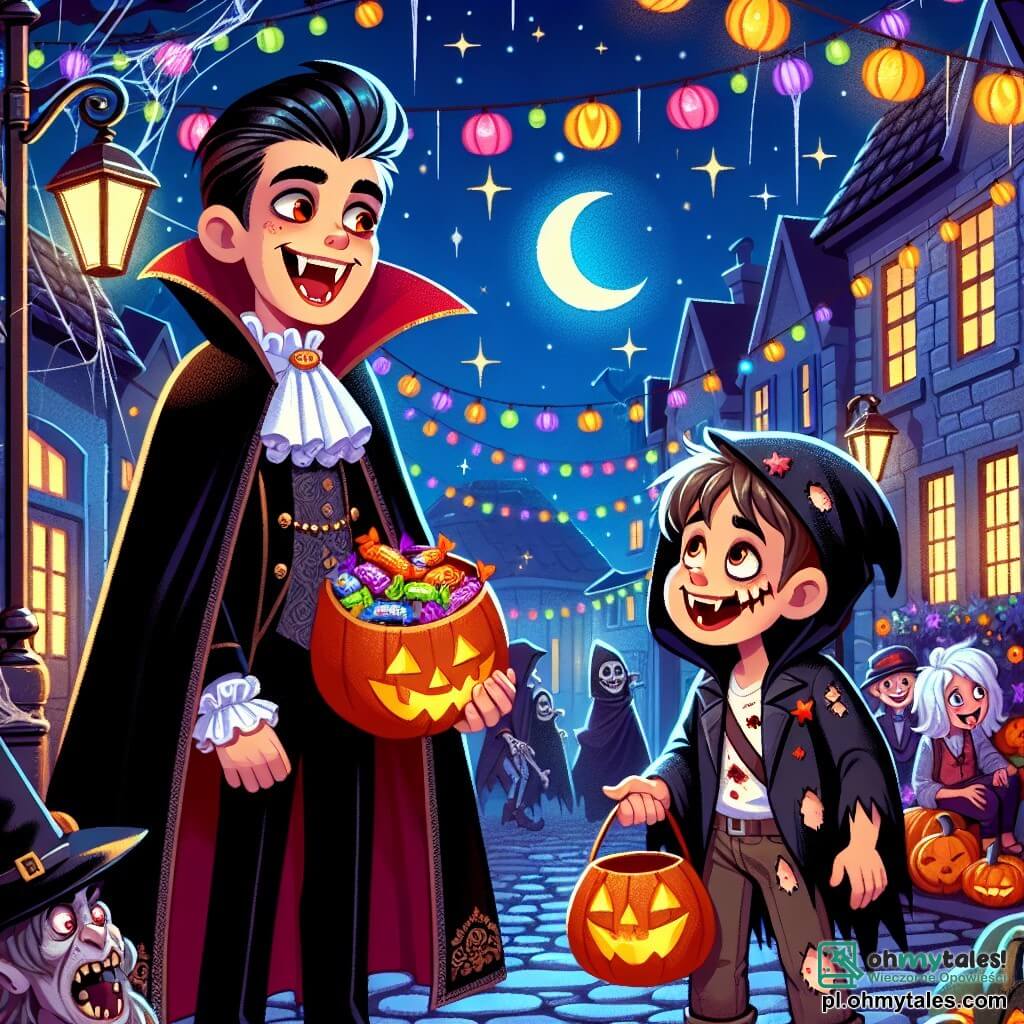 Une illustration sous forme de dessin destinée aux enfants représentant une rue animée de Cukierkowo décorée pour Halloween, avec des lampions colorés et des toiles d'araignée, où un garçon de 11 ans, vêtu d'un costume de vampire avec un grand manteau noir et des dents pointues, tient une grande sacoche pleine de bonbons, tandis qu'à ses côtés, un autre garçon de 11 ans déguisé en zombie, avec des vêtements déchirés et un maquillage effrayant, rit et l'encourage à continuer leur quête de sucreries, le tout sous un ciel étoilé et une ambiance festive et mystérieuse.