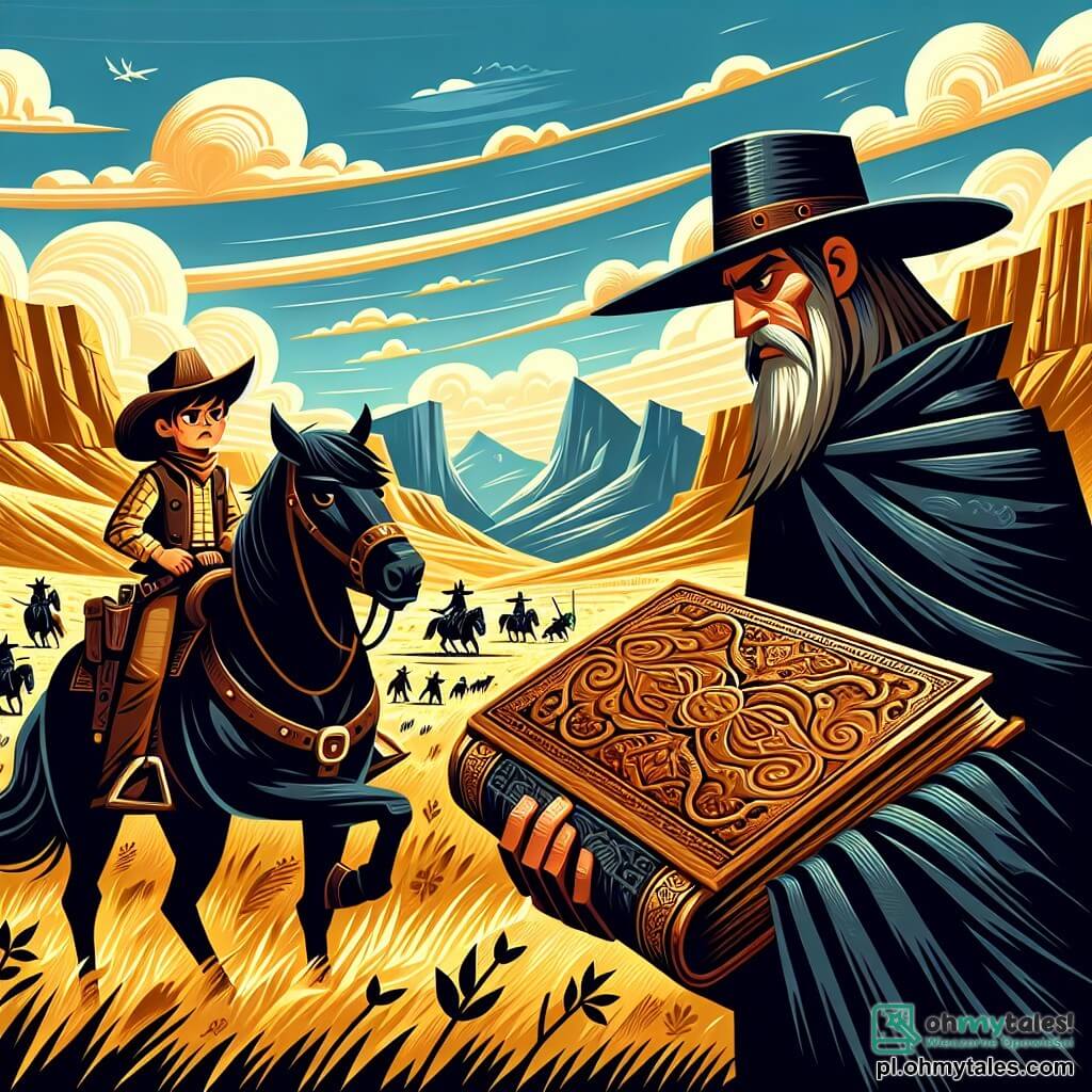 Une illustration sous forme de dessin destinée aux enfants représentant un vaste paysage du Droit Ouest, avec des collines dorées et un ciel bleu éclatant, où une courageuse cow-girl aux cheveux châtains et à la tenue de cowboy, portant un chapeau de paille, se tient fièrement à côté de son cheval noir, tandis qu'un mystérieux homme à la barbe grise, vêtu d'une longue cape, lui tend une ancienne et imposante livre ornée de motifs, alors qu'ils se préparent à affronter une bande de bandits qui s'approche à l'horizon, créant une atmosphère de tension et d'aventure.