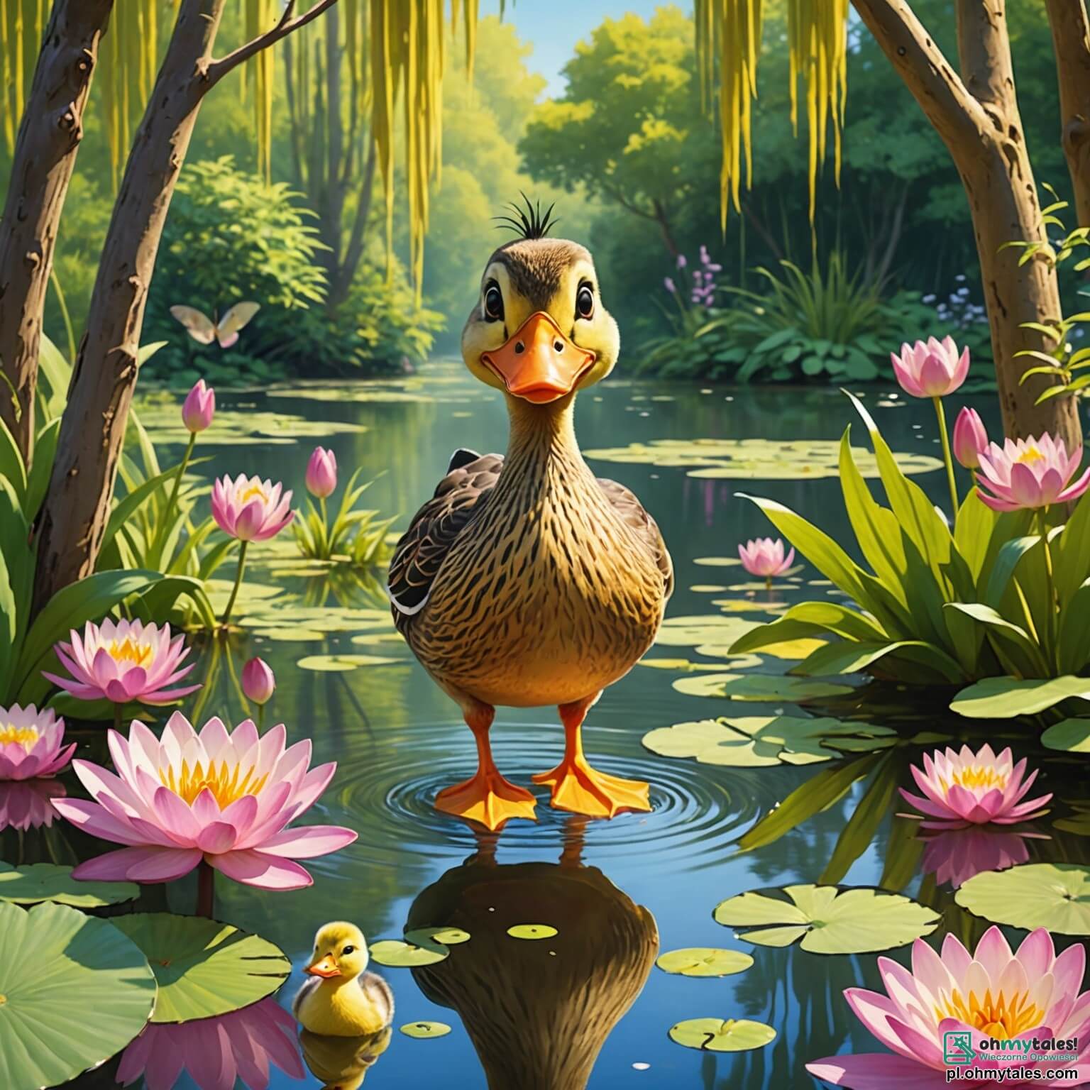 Une illustration destinée aux enfants représentant un canard espiègle aux plumes dorées et au sourire malicieux, se tenant sur le bord d'un étang scintillant entouré de nénuphars roses et de saules pleureurs, tandis qu'un joyeux petit lapin aux grandes oreilles, son ami, l'observe avec curiosité, alors qu'ils s'apprêtent à vivre une aventure pleine de rires et de surprises dans cette paisible forêt ensoleillée.