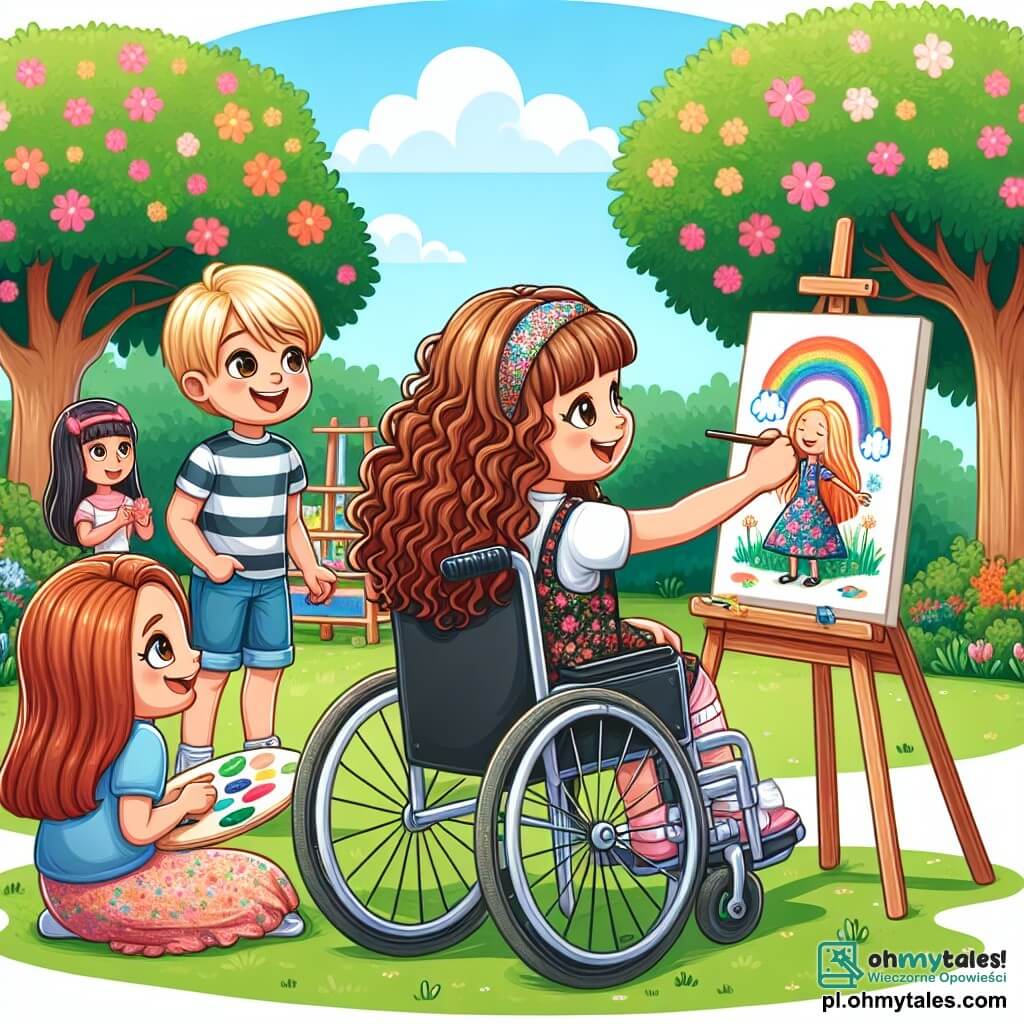 Une illustration sous forme de dessin destinée aux enfants représentant un parc ensoleillé avec des arbres en fleurs et une pelouse verdoyante, où une fille de 9 ans aux cheveux châtains et bouclés, assise dans un fauteuil roulant, peint avec enthousiasme un tableau coloré sur un chevalet, tandis qu'un garçon aux cheveux blonds et un t-shirt rayé l'observe avec admiration, et une autre fille aux cheveux longs et lisses, vêtue d'une robe à fleurs, lui montre son propre dessin, illustrant ainsi la joie de l'amitié et de la créativité malgré les défis.