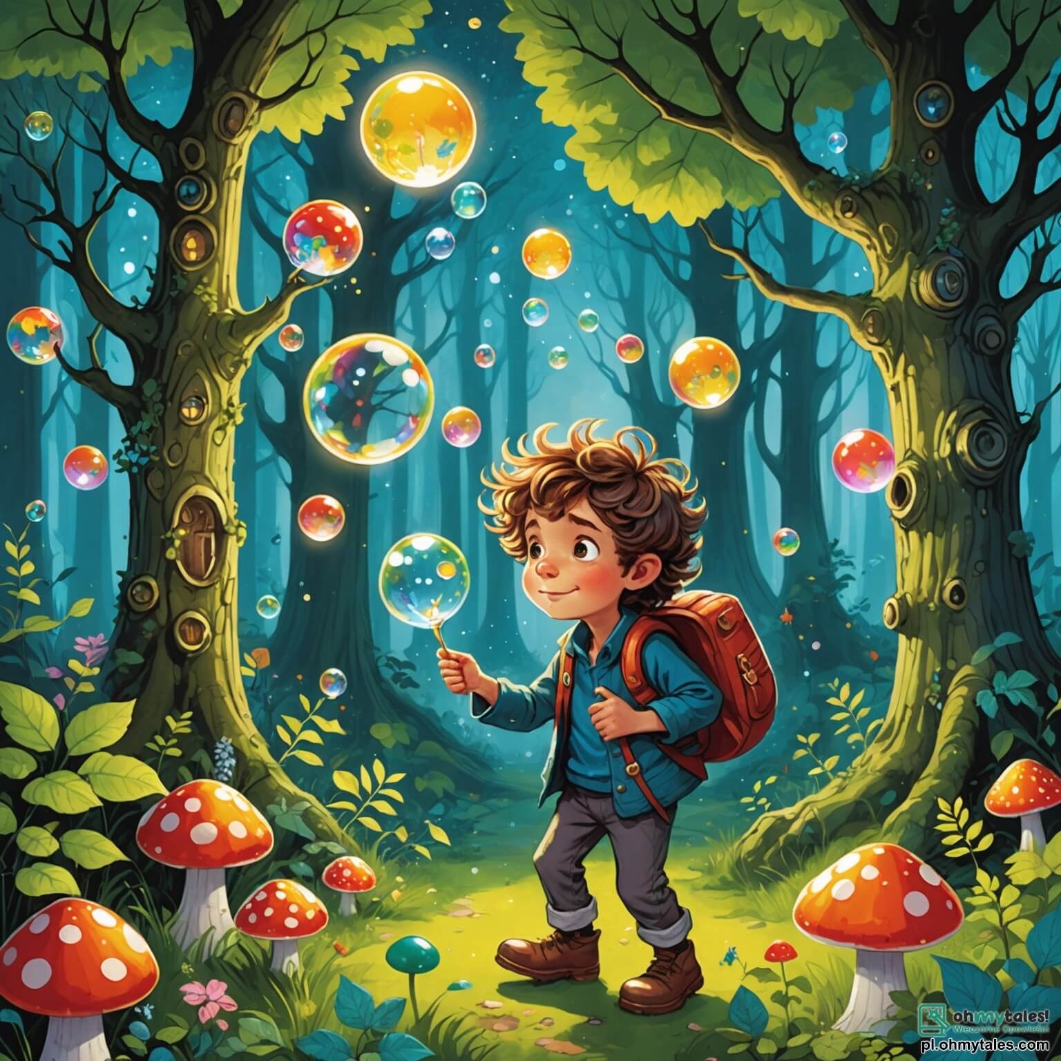 Une illustration destinée aux enfants représentant un garçon aux cheveux en bataille et aux yeux pétillants de malice, se retrouvant dans une forêt enchantée où les arbres sont hauts comme des immeubles et leurs feuilles scintillent comme des étoiles, aux côtés d'un petit dragon espiègle qui crache des bulles de savon, alors qu'ils cherchent une mystérieuse clé dorée cachée sous un champignon géant aux couleurs vives.