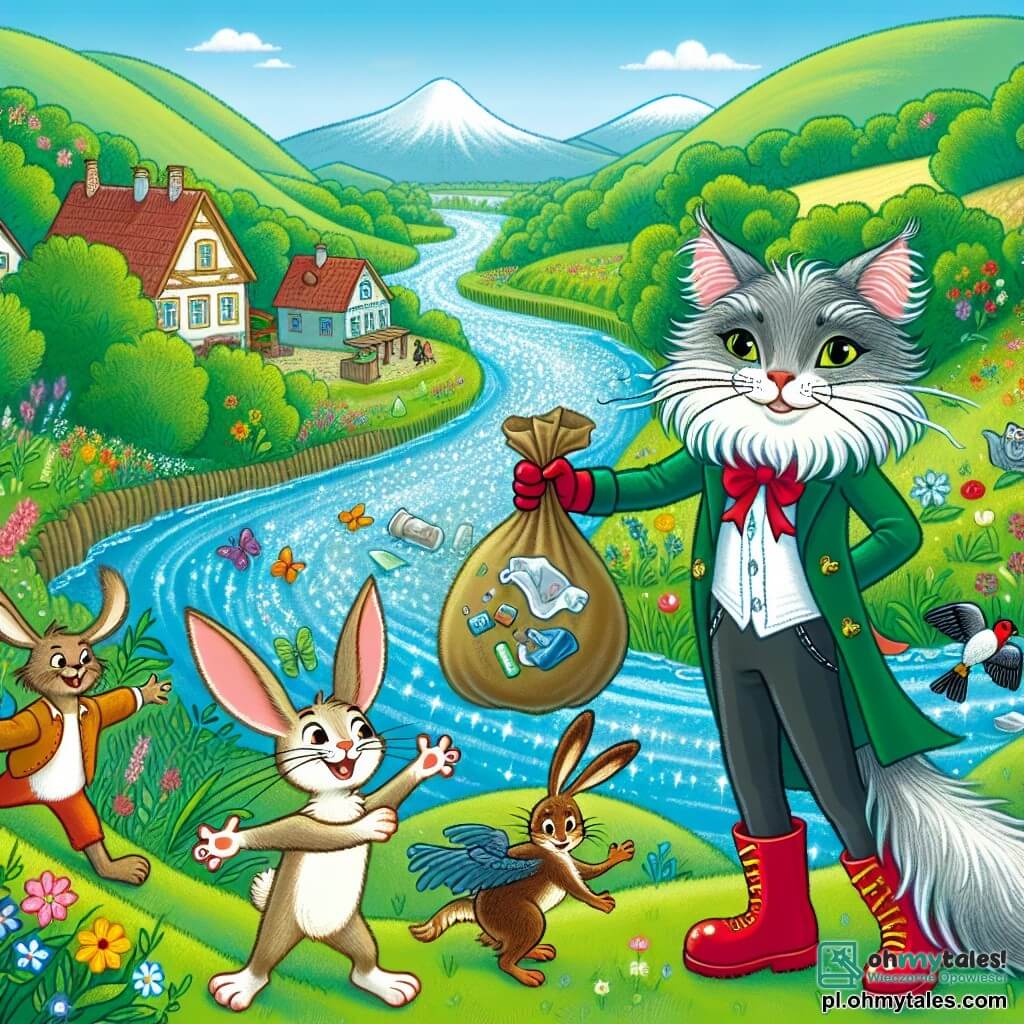Une illustration sous forme de dessin destinée aux enfants représentant une scène vibrante au bord d'une riviere scintillante, entourée de collines verdoyantes et de fleurs colorées, où un chat élégant avec un pelage soyeux et des bottes rouges, debout sur ses pattes arrière, brandit un sac de déchets avec un sourire déterminé, tandis qu'un jeune lapin aux grandes oreilles et un oiseau joyeux aux plumes éclatantes l'encouragent en sautant et en chantant, tous unis dans leur mission de nettoyer la rivière pour redonner vie à leur village.