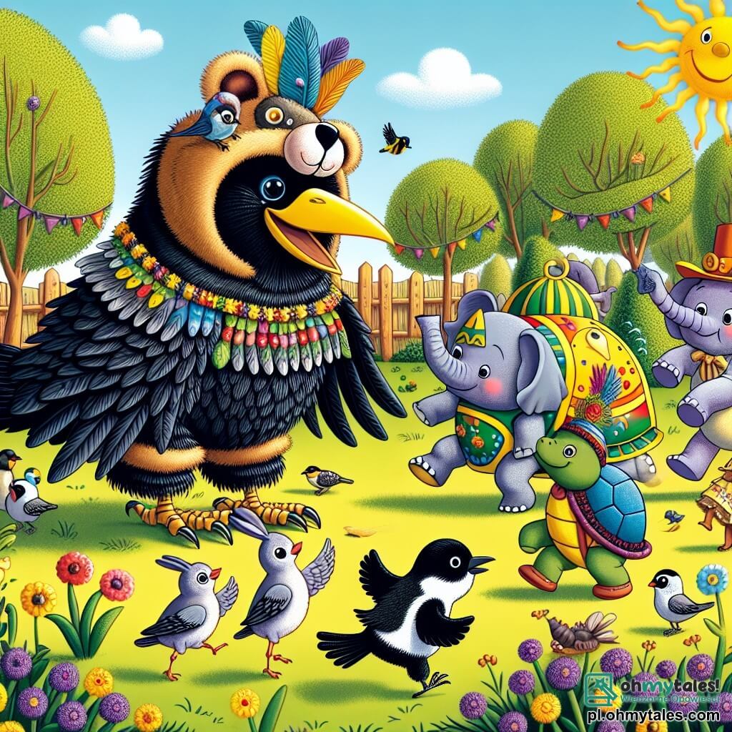 Une illustration sous forme de dessin destinée aux enfants représentant une scène joyeuse dans un parc ensoleillé de Ptaszkowo, où un corbeau aux plumes noires brillantes et aux yeux pétillants, déguisé en gros ours avec un costume fait de papier, danse de manière comique au milieu d'un groupe d'animaux colorés, dont une petite mésange aux plumes jaunes et grises, habillée en éléphant avec une grande oreille en tissu, qui rit aux éclats, tandis qu'un tortue déguisée en lapin tente de sauter maladroitement, le tout entouré de fleurs éclatantes et d'arbres verdoyants, illustrant l'esprit festif et l'amusement partagé lors d'une grande fête où chaque animal est déguisé.