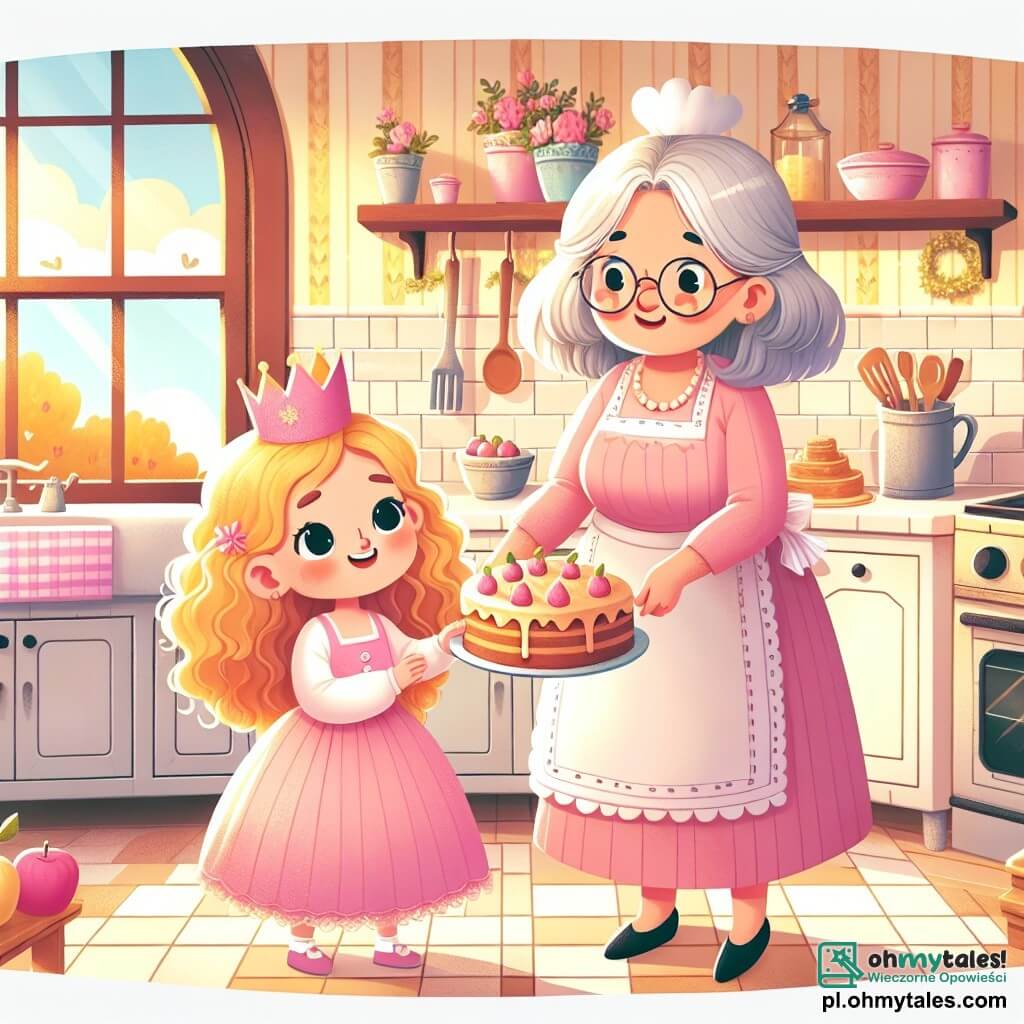 Une illustration sous forme de dessin destinée aux enfants représentant une cuisine chaleureuse et ensoleillée, avec des murs peints en jaune pastel et des fenêtres laissant entrer la lumière du jour, où une petite fille de 5 ans aux cheveux bouclés et blonds, portant une jolie robe rose et une couronne en papier, aide sa grand-mère aux cheveux argentés et au sourire bienveillant à préparer un délicieux gâteau aux pommes, tandis qu'elle hésite à avouer qu'elle a mangé des bonbons en cachette, illustrant ainsi le thème du mensonge et de la vérité.