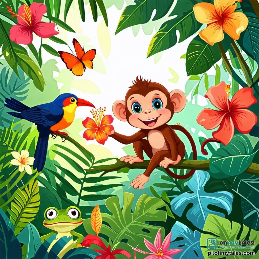 Une illustration sous forme de dessin destinée aux enfants représentant une vibrante jungle tropicale avec des feuilles vertes luxuriantes et des fleurs colorées, au premier plan un petit singe aux yeux pétillants et au pelage brun, grimpant joyeusement à une branche tout en tenant une fleur éclatante, tandis qu'à ses côtés, un oiseau aux plumes éclatantes et une grenouille verte aux grands yeux curieux l'observent avec enthousiasme, tous ensemble en quête du plus beau fleur de la jungle, illustrant ainsi l'importance de l'amitié et de l'aventure.