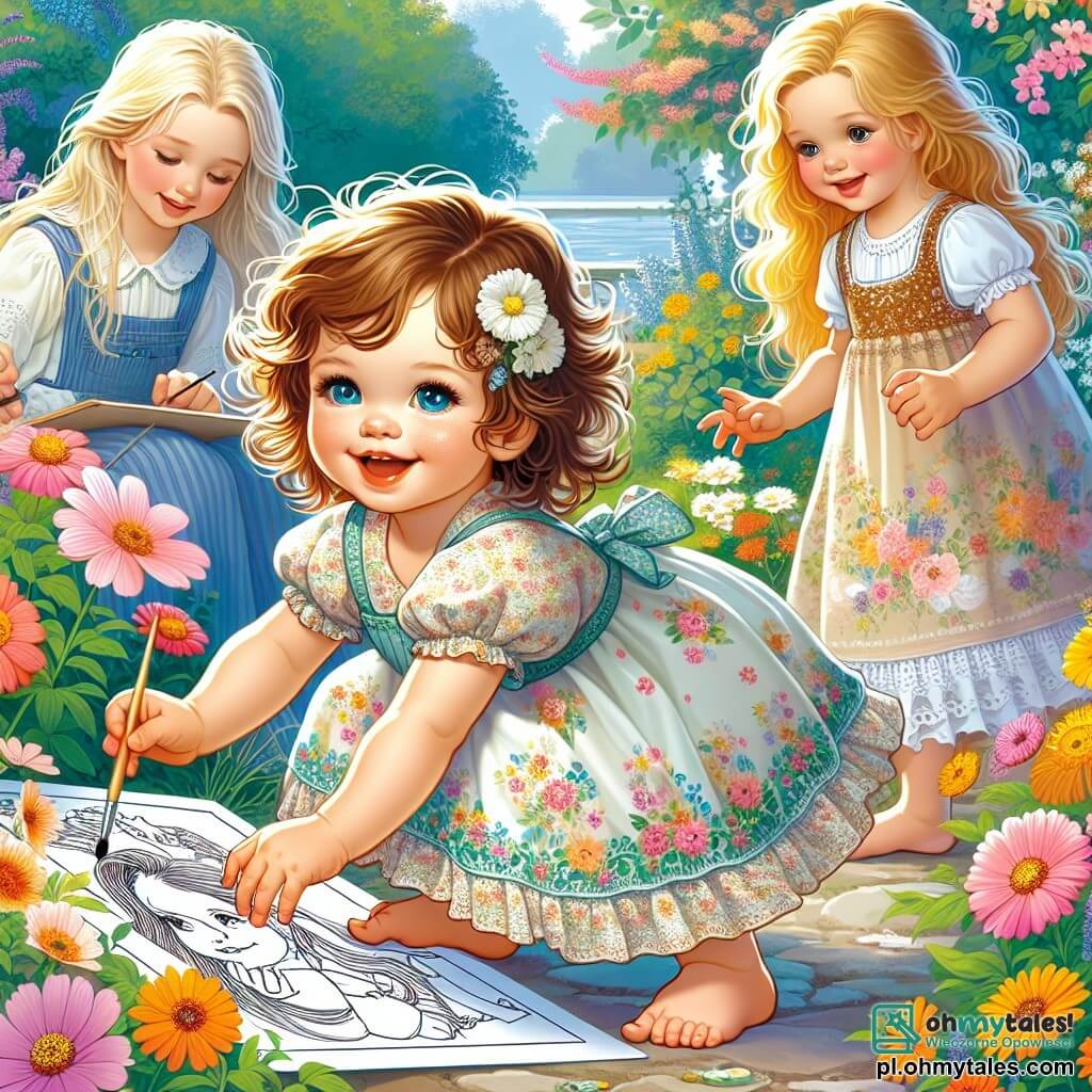 Une illustration sous forme de dessin destinée aux enfants représentant un jardin ensoleillé rempli de fleurs colorées, où une petite fille de 1 an aux cheveux bouclés et aux yeux pétillants, vêtue d'une robe légère à motifs floraux, s'accroupit joyeusement pour toucher des fleurs, tandis que deux autres petites filles, l'une avec de longs cheveux blonds et l'autre avec un sourire éclatant, se tiennent à ses côtés en peignant des dessins sur des feuilles de papier, capturant l'esprit de l'été et de l'amitié dans une atmosphère de bonheur et de créativité.