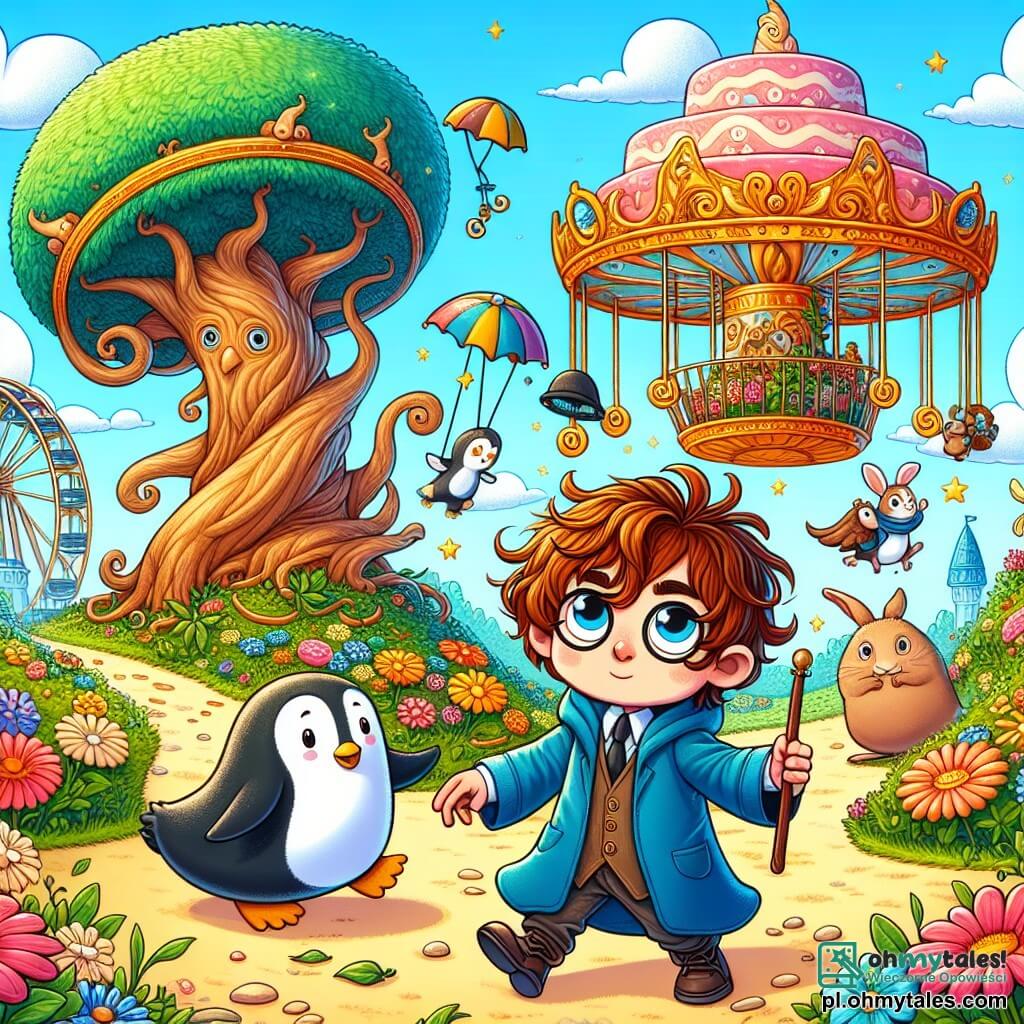 Une illustration sous forme de dessin destinée aux enfants représentant un jardin enchanté aux couleurs vives, avec des fleurs géantes et des arbres aux troncs spirales, où un jeune apprenti sorcier aux cheveux ébouriffés et portant une robe de sorcier bleue, brandit sa baguette magique avec un air déterminé, tandis qu'un pingouin joyeux avec un petit spadochron sur le dos danse autour de lui, et en arrière-plan, un petit lapin curieux observe la scène, alors qu'un énorme gâteau volant en forme de tortue s'échappe dans le ciel, créant une atmosphère à la fois amusante et magique.