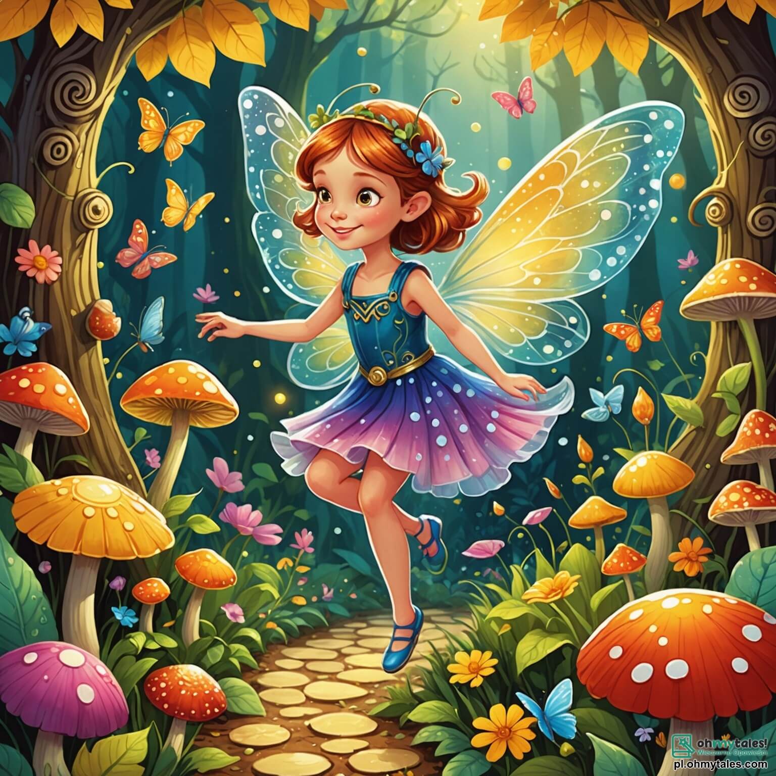 Une illustration destinée aux enfants représentant une petite fée pétillante aux ailes scintillantes comme des gouttes de rosée, qui se retrouve dans un jardin enchanté rempli de fleurs géantes aux couleurs éclatantes, de papillons dansants et de ruisseaux chantants, où elle doit aider un drôle de petit escargot, à la coquille rayée et au sourire malicieux, à retrouver son chemin à travers un labyrinthe de feuilles dorées et de champignons multicolores.