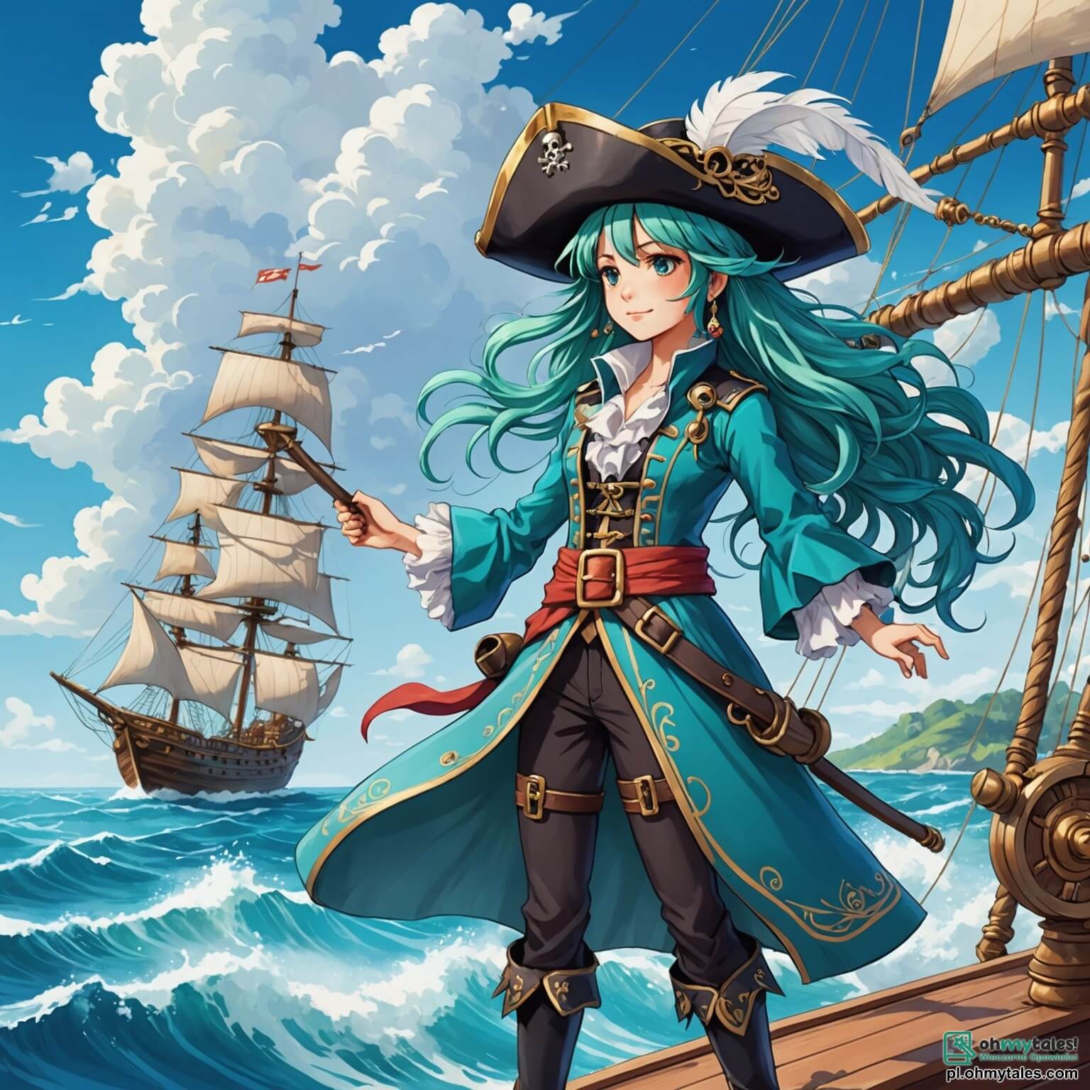 Une illustration destinée aux enfants représentant une intrépide pirate aux longs cheveux ondulés couleur océan, portant un large chapeau orné d'un plume flamboyante, naviguant sur un majestueux vaisseau aux voiles blanches comme la neige, à travers des eaux turquoise scintillantes sous un ciel azur parsemé de nuages cotonneux, tandis qu'elle se lance dans une quête palpitante pour dénicher un trésor caché sur une île mystérieuse bordée de palmiers dansants et de plages dorées, accompagnée de son fidèle compagnon à quatre pattes, un chien espiègle au pelage doré, et de deux amis courageux, un jeune garçon au sourire éclatant et une fille astucieuse aux yeux pétillants, tous unis par l'esprit d'aventure et la promesse d'amitié, face à un redoutable capitaine rival, un homme à la barbe hirsute et au regard perçant, qui cherche également à s'emparer du précieux but.