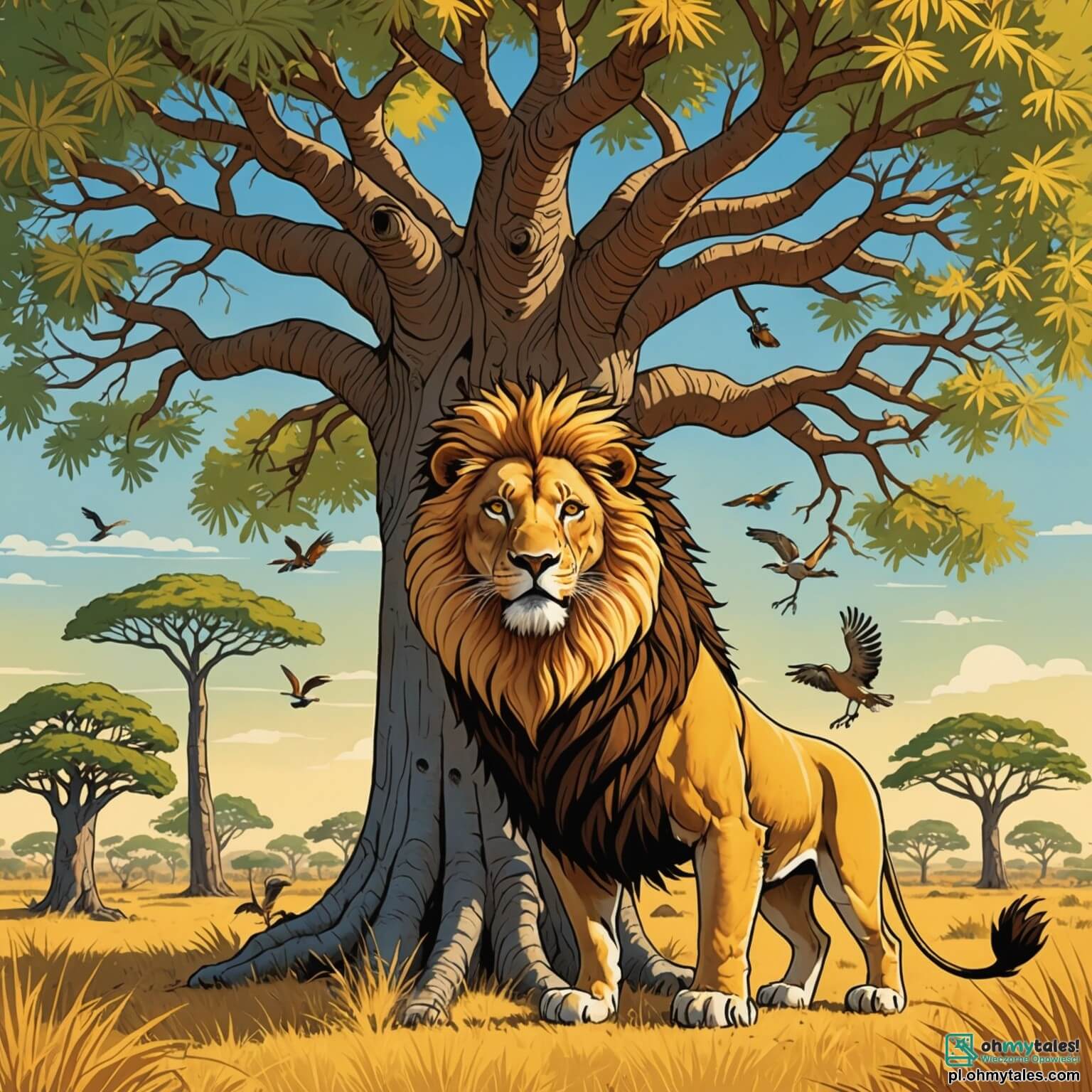 Une illustration destinée aux enfants représentant un majestueux lion à la crinière dorée, se tenant fièrement sous l'ombre d'un immense baobab aux branches étendues comme des bras accueillants, dans une savane vibrante de couleurs où les herbes dorées dansent au gré du vent chaud, tandis qu'il observe avec sagesse ses amis, une troupe de zebres aux rayures éclatantes et un astucieux autruche aux plumes chatoyantes, qui s'affairent autour d'un jeune zèbre blessé, cherchant ensemble à trouver un remède pour apaiser sa douleur et restaurer l'harmonie de leur royaume sauvage.