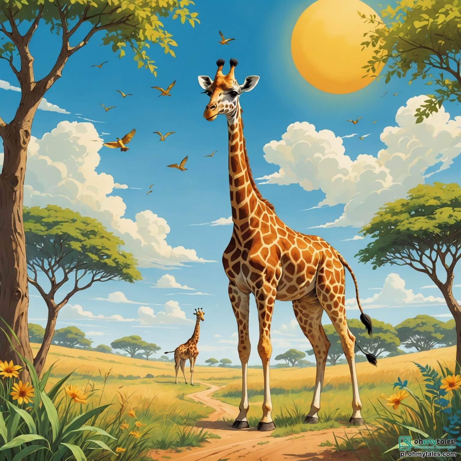 Une illustration destinée aux enfants représentant une majestueuse girafe aux longues pattes élancées et au cou gracieux, se dressant fièrement au milieu d'une vaste savanne dorée, où l'herbe danse sous la caresse d'un doux vent chaud, tandis que des acacias aux feuilles vertes éclatantes s'étendent vers le ciel azur, et où, à ses côtés, un petit oiseau jaune aux plumes vives, toujours enjoué et curieux, l'accompagne dans sa quête joyeuse à la recherche de nouveaux amis, tout en croisant le chemin d'un sage éléphant qui, avec sa grande sagesse, leur propose de découvrir ensemble les merveilles cachées de ce monde coloré et vibrant.