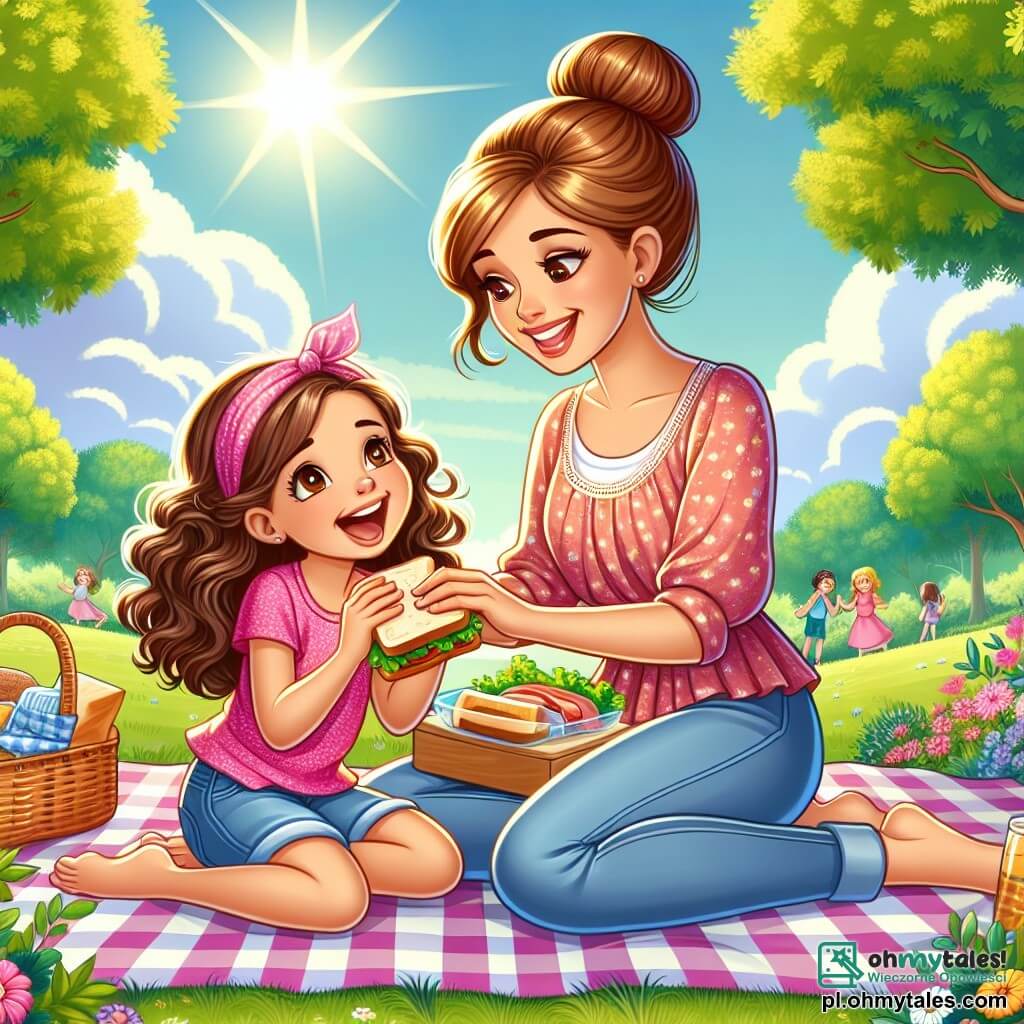 Une illustration sous forme de dessin destinée aux enfants représentant un parc ensoleillé avec des arbres verdoyants et un ciel bleu, où une fille de 9 ans aux cheveux bruns et bouclés, portant une blouse rose et un short en jean, est assise sur un plaid à carreaux, souriant joyeusement tout en partageant un pique-nique avec sa maman, une femme d'une trentaine d'années, aux cheveux châtains et attachés en chignon, qui prépare des sandwiches, illustrant un moment tendre de complicité et de partage entre mère et fille, entouré de fleurs colorées et de rires d'enfants jouant au loin.