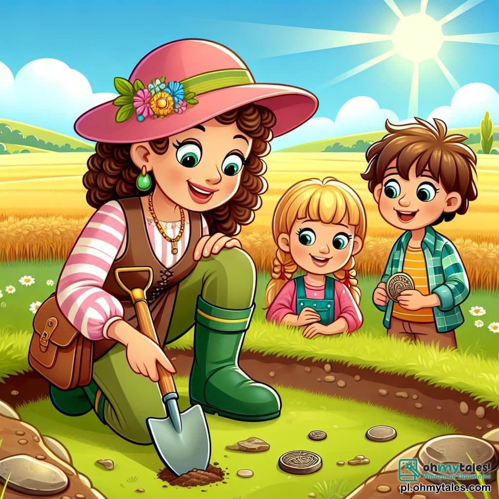 Une illustration sous forme de dessin destinée aux enfants représentant un paysage ensoleillé sur un vaste champ verdoyant, avec une femme archéologue aux cheveux châtains bouclés, portant un chapeau rose et des bottes vertes, qui creuse le sol avec une petite pelle, tandis que deux enfants, un garçon aux cheveux blonds et une fille aux cheveux bruns, l'observent avec émerveillement, tenant des morceaux de céramique et une vieille pièce de monnaie, illustrant leur quête passionnante à la recherche de trésors du passé.