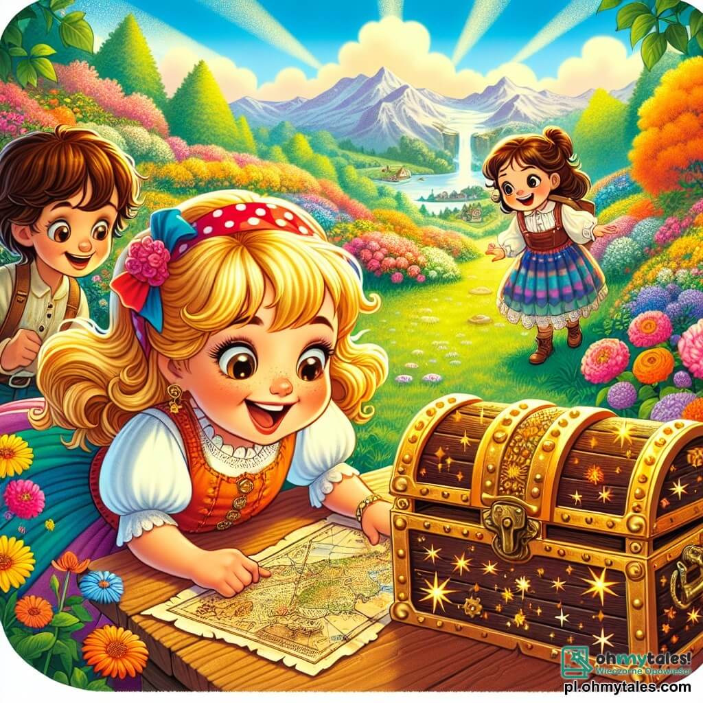 Une illustration sous forme de dessin destinée aux enfants représentant un jardin coloré et ensoleillé rempli de fleurs éclatantes, où une petite fille de 5 ans aux cheveux dorés et portant une spódniczka colorée, croulant sous l'excitation, examine avec curiosité une vieille carte mystérieuse, tandis qu'à ses côtés, un garçon aux cheveux bruns et une fille aux cheveux châtains, tous deux souriants et intrigués, observent attentivement un petit coffre en bois décoré de motifs étoilés, symbolisant leur quête pour découvrir le secret caché de la vallée.