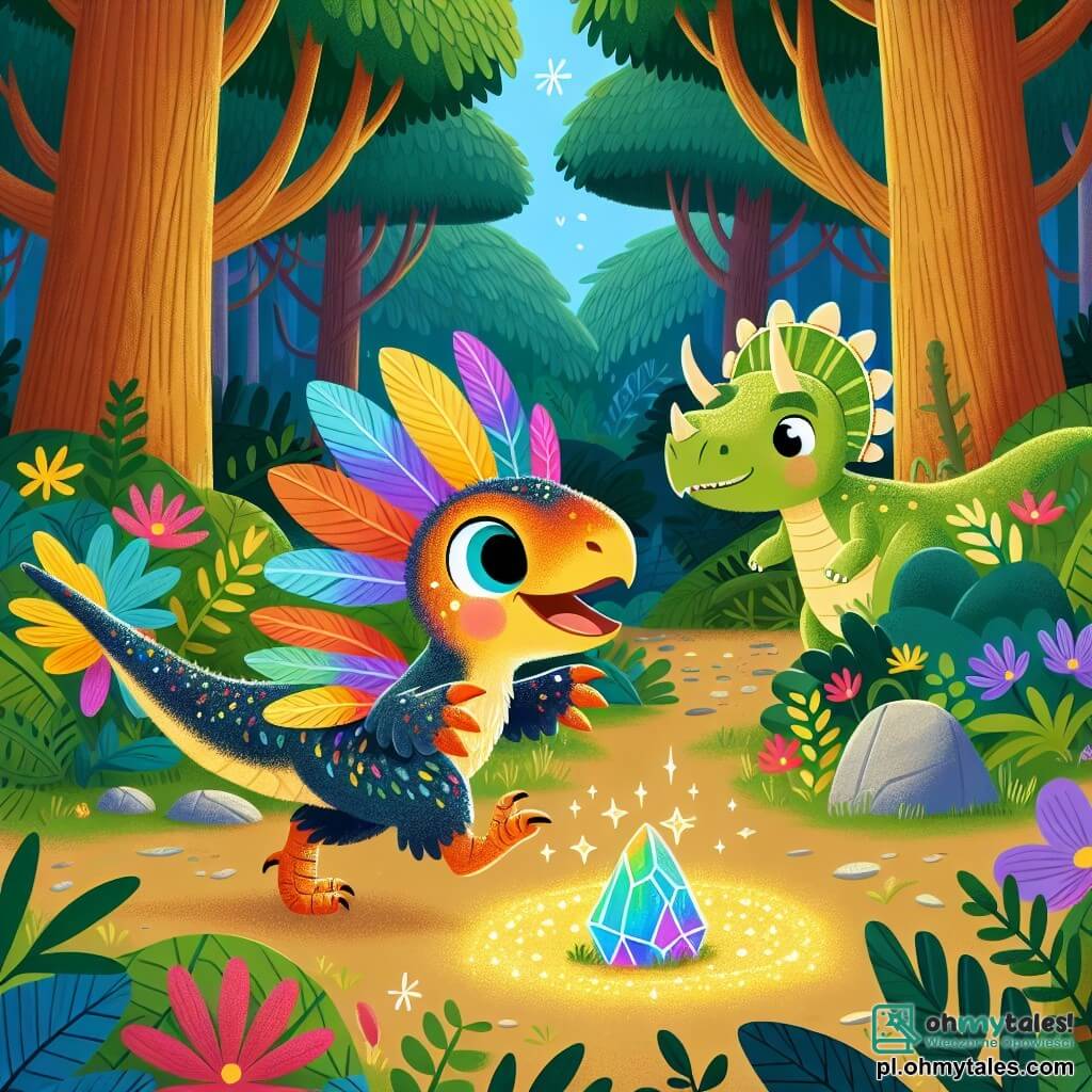 Une illustration sous forme de dessin destinée aux enfants représentant une densa jungle verdoyante, avec un vélociraptor aux plumes colorées et aux yeux pétillants, courant joyeusement à travers des arbres majestueux, tandis qu'un petit triceratops aux cornes adorables l'observe avec émerveillement, alors qu'ils découvrent ensemble un mystérieux et scintillant caillou au sol, entouré de fleurs éclatantes et de feuilles luxuriantes, capturant l'esprit d'aventure et d'amitié de leur journée magique.
