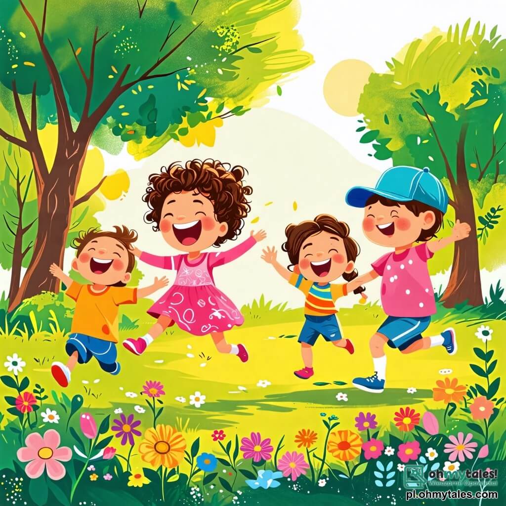 Une illustration sous forme de dessin destinée aux enfants représentant un parc ensoleillé avec de grands arbres verts et des fleurs colorées, où un petit garçon de 2 ans aux cheveux bouclés et aux yeux pétillants court joyeusement, riant aux éclats, tandis qu'une petite fille de 2 ans aux tresses et portant une robe rose le suit en agitant les bras, et un garçon de 2 ans avec une casquette bleue les observe en souriant, tous trois s'amusant ensemble dans une course pleine de rires et d'amitié.