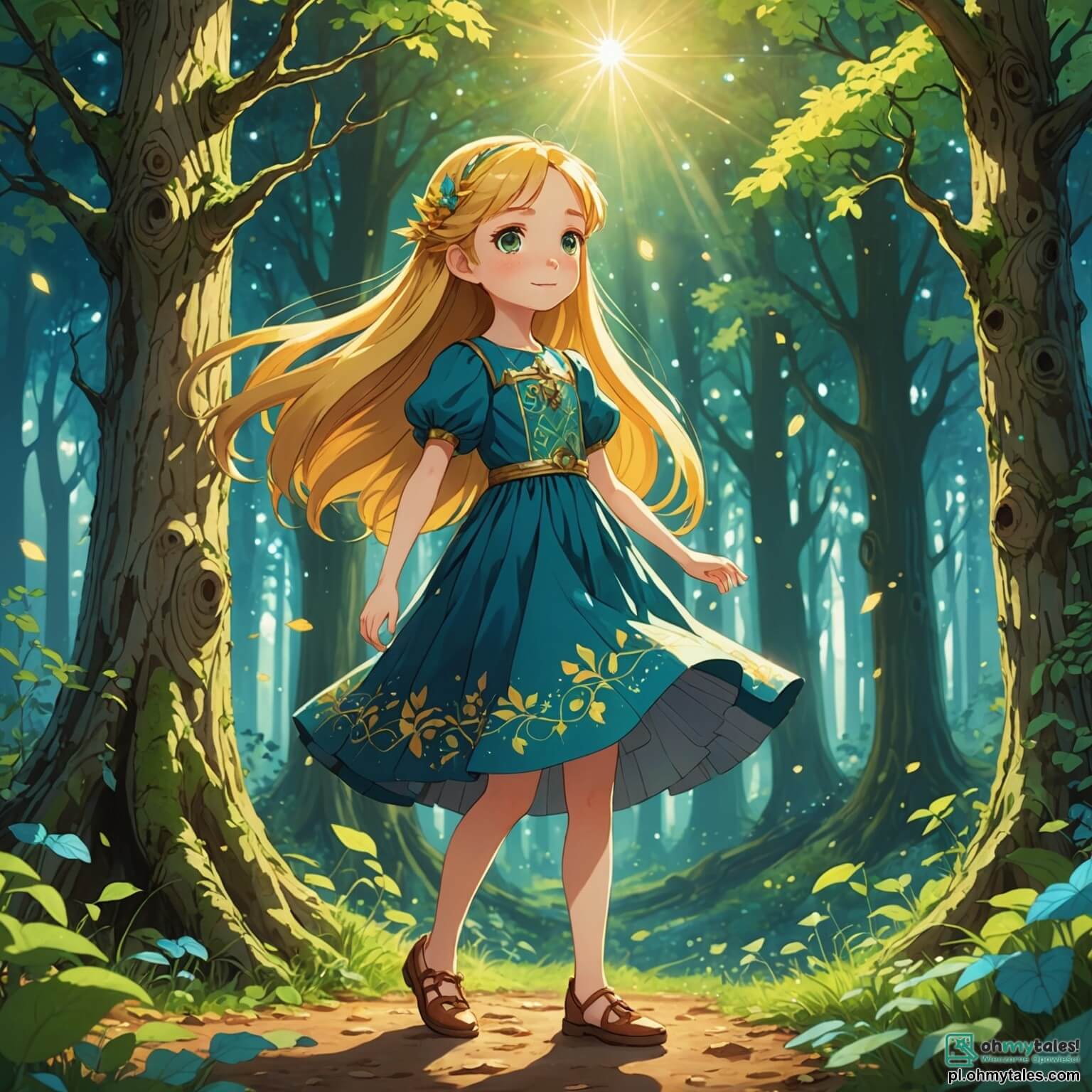 Une illustration destinée aux enfants représentant une jeune fille aux cheveux dorés, scintillant comme les rayons du soleil, vêtue d'une robe colorée, qui se tient courageusement à l'orée d'une forêt enchantée, où des arbres majestueux aux troncs noueux et aux feuilles éclatantes de mille verts s'élèvent vers le ciel, tandis qu'un petit stworek bleu aux grands yeux pétillants et aux oreilles longues, espiègle et amical, l'accompagne dans sa quête pour retrouver un cristal magique caché au cœur de cette forêt mystérieuse, peuplée de créatures fantastiques et de fleurs luminescentes, où la lumière du jour se fraie un chemin à travers les branches, créant un spectacle féerique de couleurs et d'ombres dans un monde où l'aventure et l'amitié se mêlent à chaque pas.