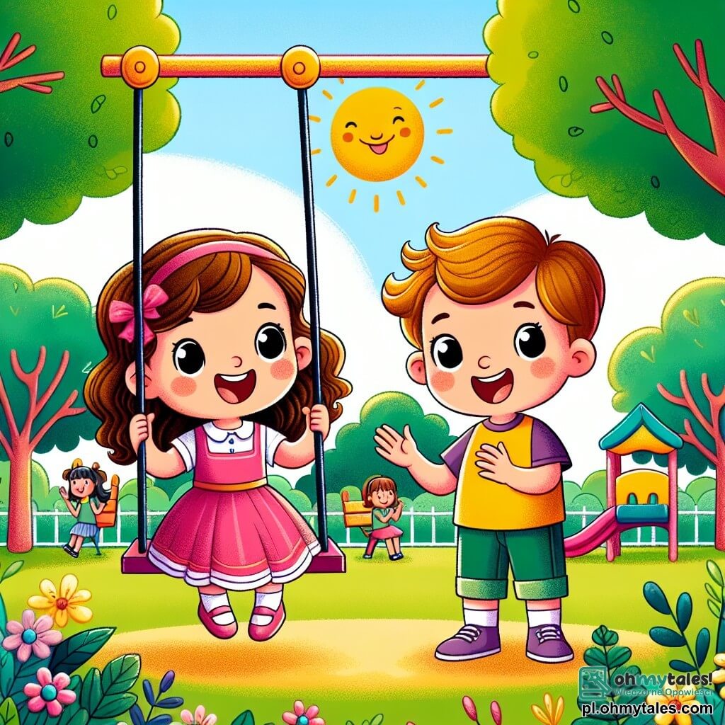 Une illustration sous forme de dessin destinée aux enfants représentant un parc ensoleillé avec des arbres verdoyants et une aire de jeux colorée, où une petite fille de 5 ans aux longs cheveux bruns et bouclés, vêtue d'une robe rose, est assise sur une balançoire en souriant joyeusement, tandis qu'à côté d'elle, une autre petite fille de 5 ans aux cheveux blonds courts, portant un t-shirt jaune, applaudit et rit, illustrant leur amitié naissante alors qu'elles s'apprêtent à partager un moment de jeu ensemble.