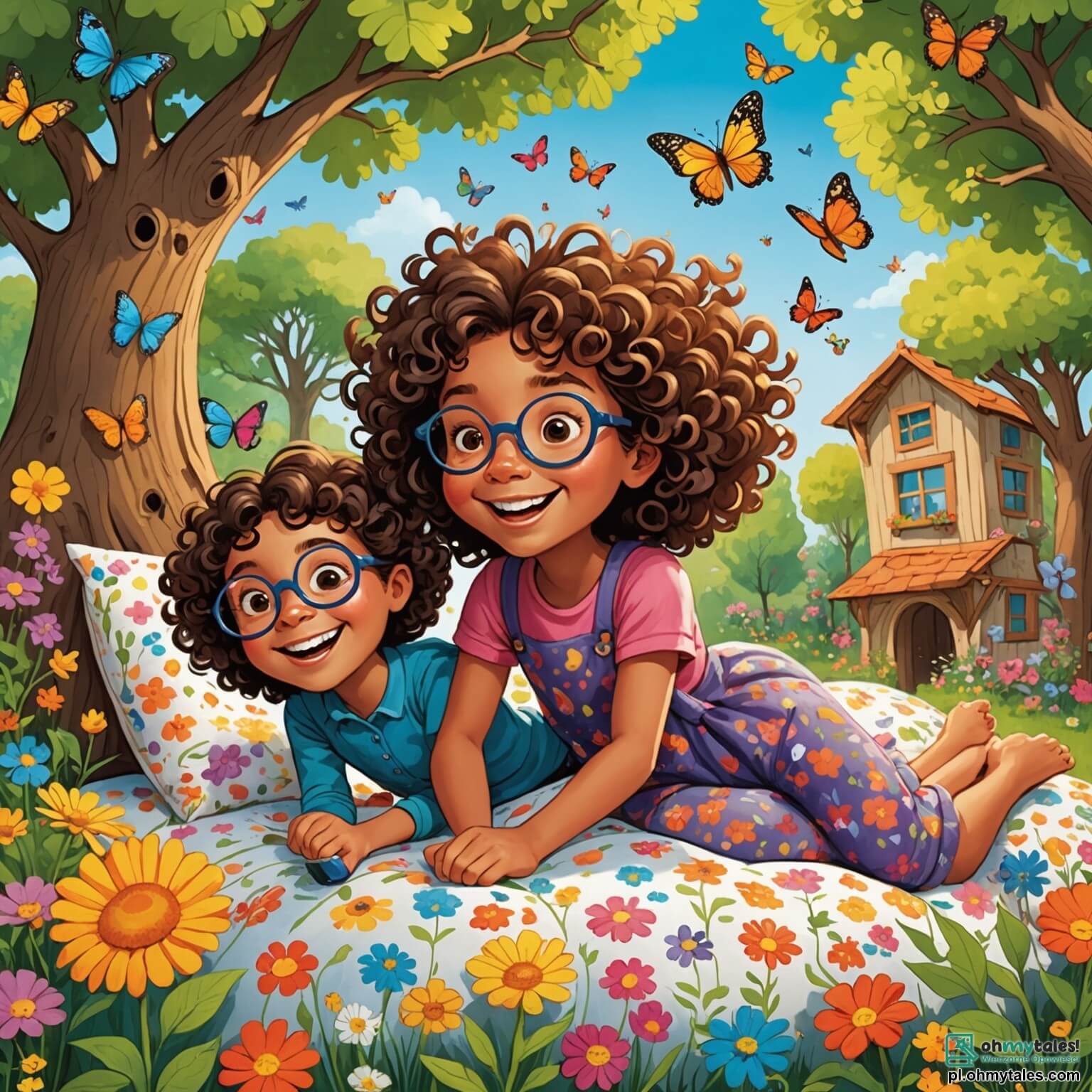 Une illustration destinée aux enfants représentant une petite fille pétillante aux cheveux bouclés comme des ressorts, toujours prête à rire, qui se retrouve dans une situation cocasse où elle tente de construire une cabane en coussins avec son meilleur ami, un garçon aux lunettes rondes et au sourire malicieux, dans un jardin coloré rempli de fleurs éclatantes, de papillons virevoltants et d’un grand chêne dont les branches s’étendent comme des bras accueillants.